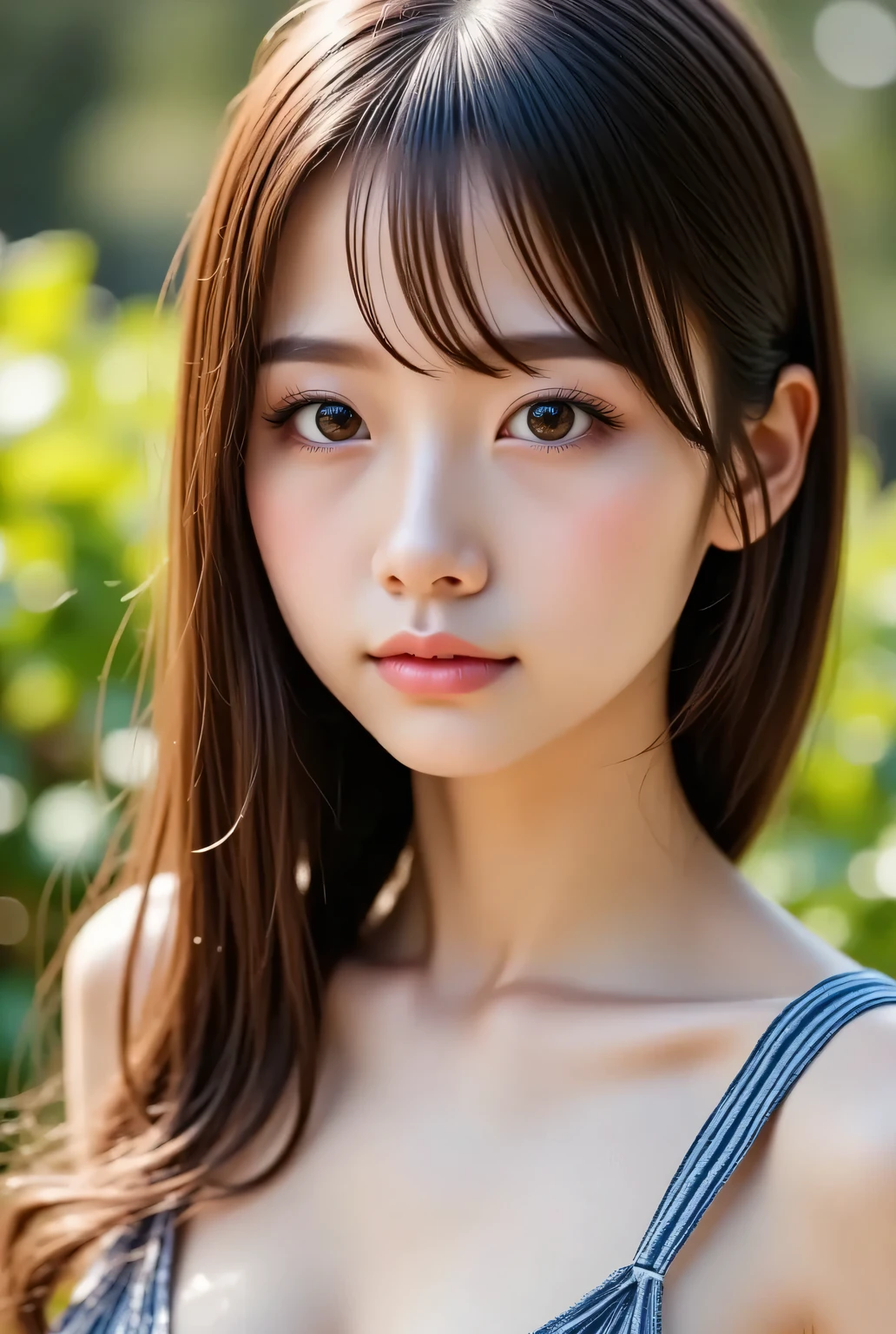 masterpiece , high quality, super detail, super high image quality, 8k，16k，32K, 最high quality , Detailed Faces, Detailed brown eyes，18 year old girl，cute face, Bangs，wave hair，Half Smile  , Outdoors，Viewer
