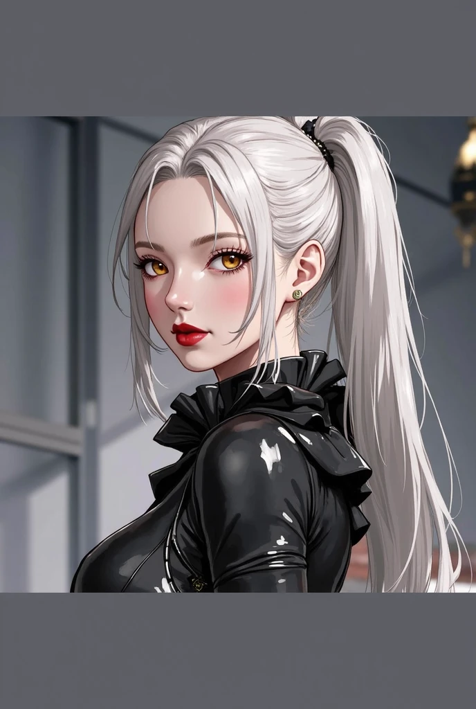 (masterpiece:1.3), (8k, photorealistic, RAW photo, best quality: 1.4), (1girl), beautiful face, (realistic face), Nice hairstyle,Realistic Eyes,Nice detail eyes,(Realistic Skin),Beautiful Skin,Ridiculous,attractive,Ultra high Resolution,an ultra realistic,RAWExtremely detailed,golden proportions, Woman wearing business outfit, white formal blazer, white blouse, white high waist business skirt, beautiful, masterpiece, best quality, perfect lighting, (white hair:1.4), long hair, (grey eyes:1.2), slender build, thin, medium breasts, business woman, ceo of small arms and aerospace centered mega corporation, sitting in luxurious black office chair, giant modern window with view of dusk cyberpunk city skyline in background, torso shot, dusk, (cyberpunk city background:1.3), (Hazy sky:1.2), (Dim red sun:1.3), eyelashes, dark eyeliner, cyberpunk, older, sleek modern-futuristic office, (white clothes:1.2)