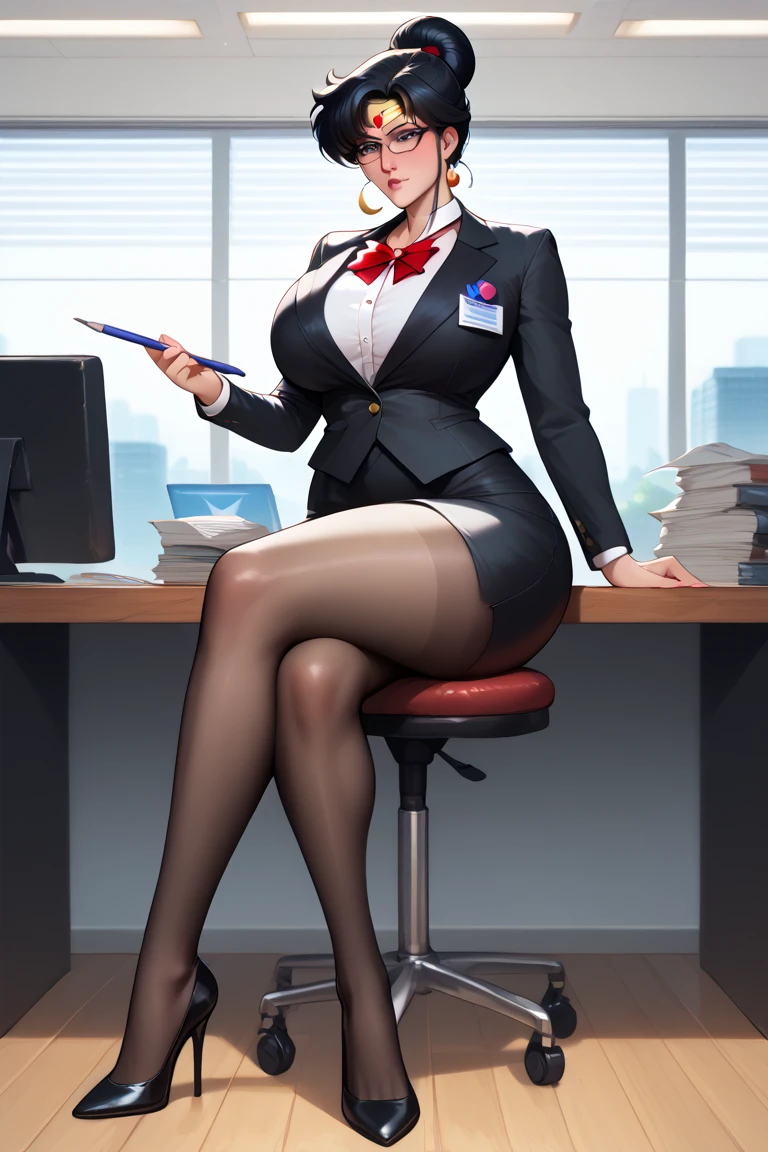 score_9, score_8_up, score_8, harsh lighting, vibrant colors, thick thighs milf with glasses and brown hair in a bun, huge tits, stern and angry look on her face. principal outfit, black pants. Sitting in a office chair. Looking down at viewer. High heels removed, stink lines coming off of them.  Presenting her feet to viewer. Delicous sweaty soles and stubby toes, flat arches. Well organized office background. (spreading her toes for you 1.2)