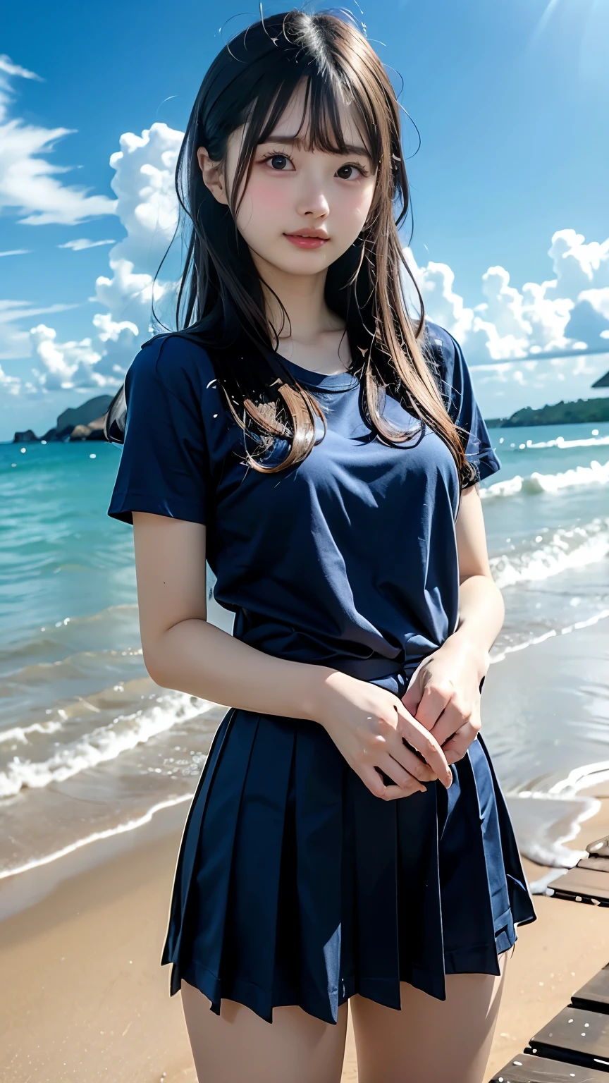 Uhigh resolution, retina, masterpiece, accurate, anatomically correct, textured skin, super details, attention to detail , high quality, Awards, 最high quality, high resolution, 1080P, high resolution, 4K, 8k, 16k、blue sea、Wide sky、Deep sandy beach、girl、1people々々、cute、8k,masterpiece,Japanese, girl,and earlier,とてもcute:1.3,smile, innocent face, Gentle Eyes,work,small breasts,t-shirt,Short sleeve,short skirt,Semi Long,noon, bright,1 cherry blossom, matsumoto ichika,