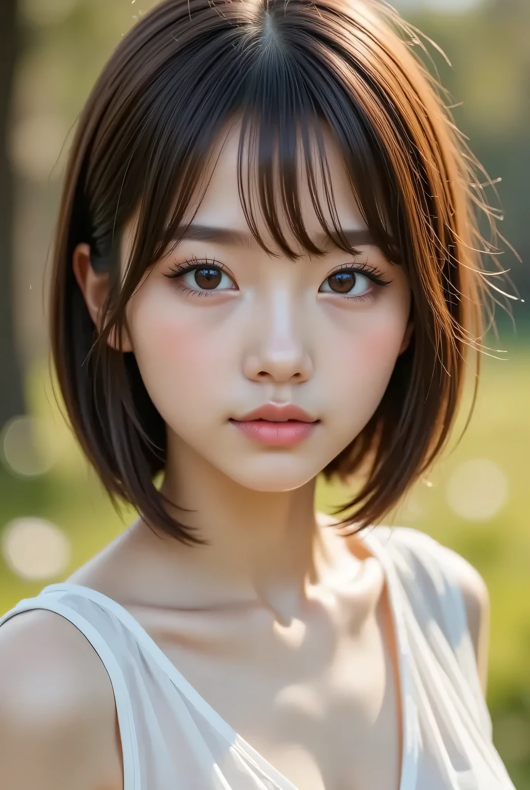 masterpiece , high quality, super detail, super high image quality, 8k,16k,32K, 最high quality , Detailed Faces, Detailed brown eyes,18 year old girl,cute face, Bangs,wave hair,Half Smile , Outdoors,Viewer
