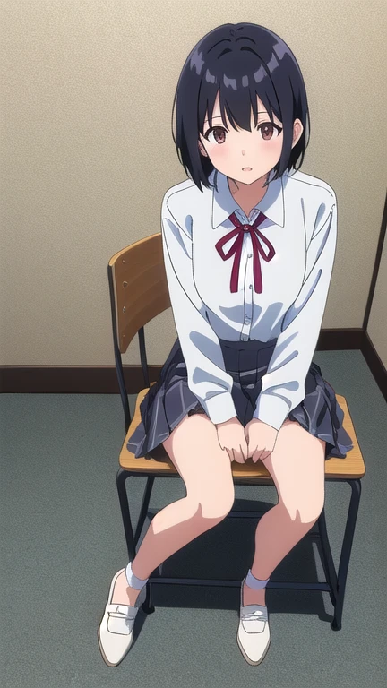 (((anime style,Arima maybe,1 person,uniform,classroom,please sit in front,blush,shy,touch))),((shot from below,black knee socks,black underwear,panty shot,shot from close up))