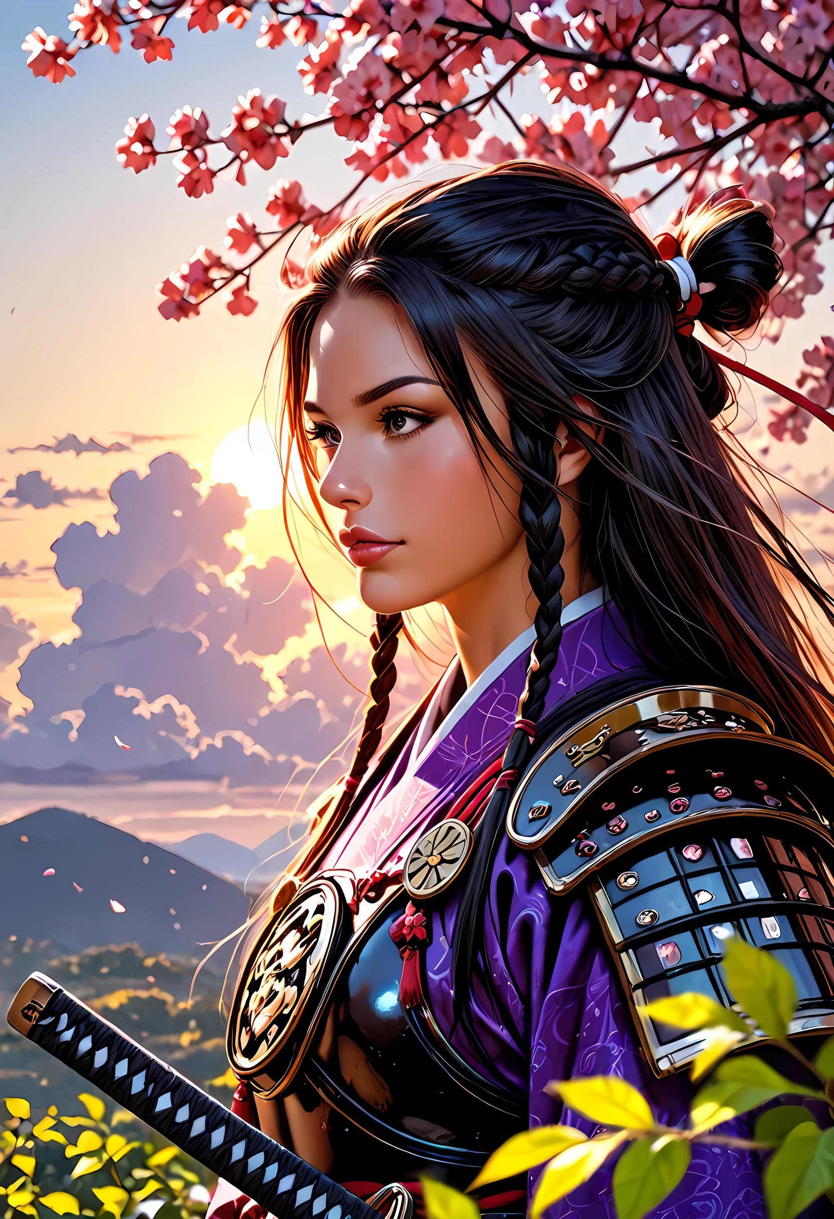 a woman samurai under the cherry tree at sunset, beautiful woman samurai, she holds an epic katana blade, the blade reflects the sun, ultra feminine, long hair, braided hair, dynamic hair color, an epic cherry tree, wearing armor, many branches, colorful, the sun rays come between the leaves and branches, light reflection, it is sunset, some clouds, award winning, photorealism, depth of field, hyper realistic, Cinematic Shot, fantasy