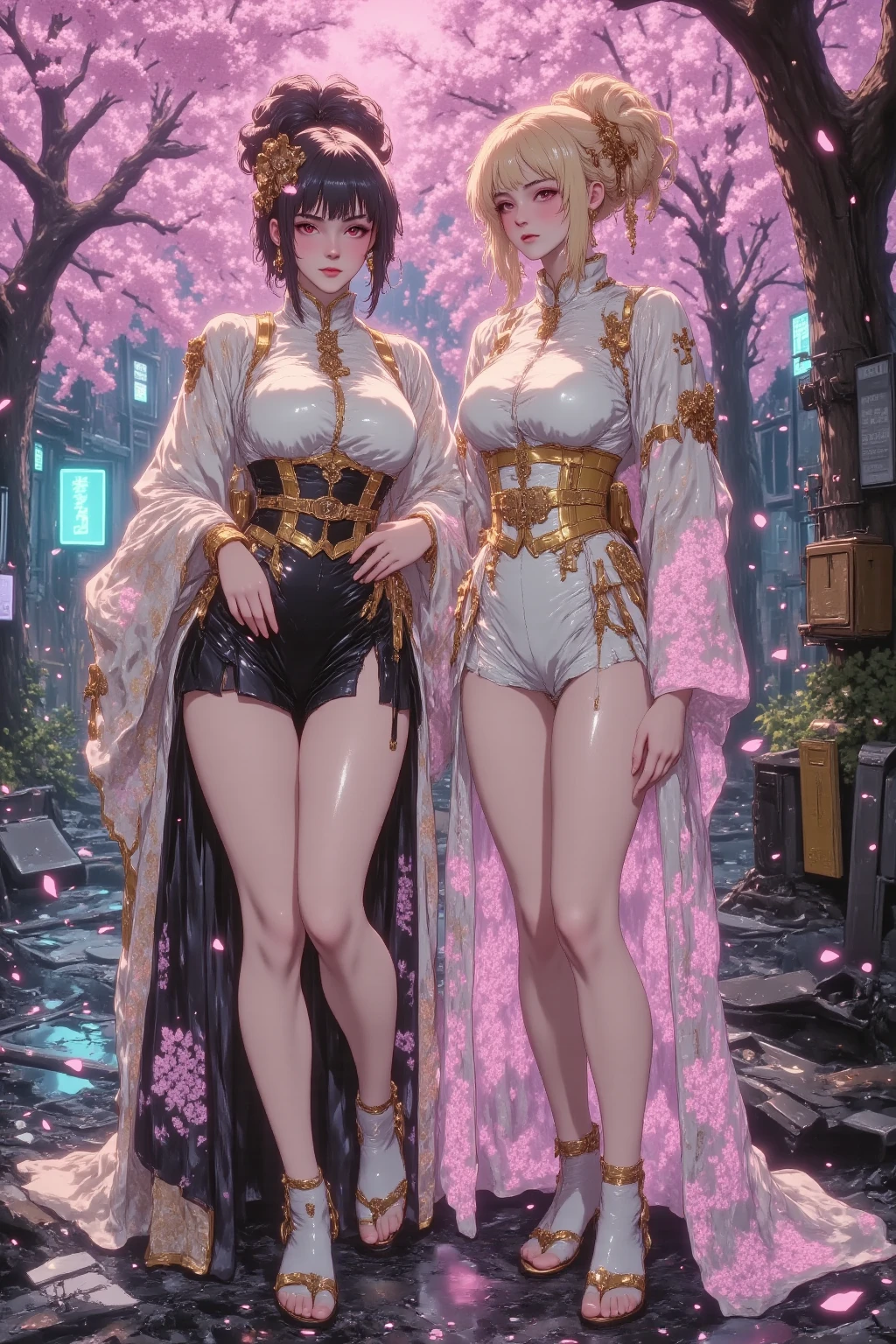 The most beautiful and sexy cherry blossom goddess, long beautiful pink hair, glowing white eyes, wearing the most beautiful and highly detailed kimono, with butterfly wings, huge gigantic enormous tits, cleavage showing, tons of tattoos and piercings, cherry blossoms and butterflies blowing in the wind, perfect masterpiece, high quality, high resolution