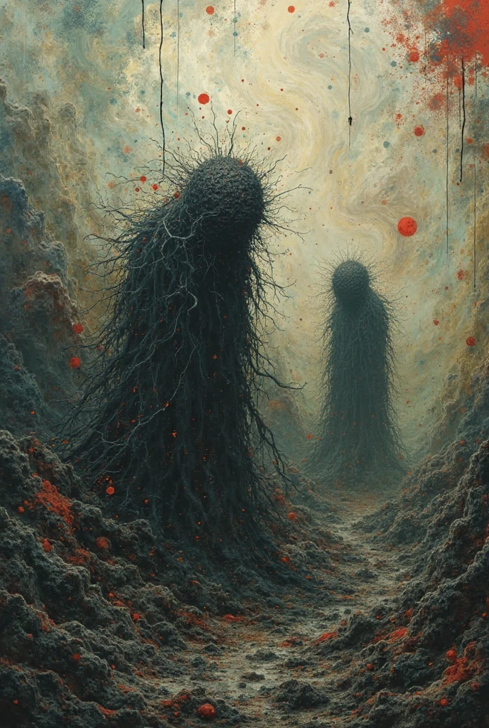 <lora:b3ks1n:1>b3ks1n str1n abstract creature holding a mirror dangling from a string with many arms and hands