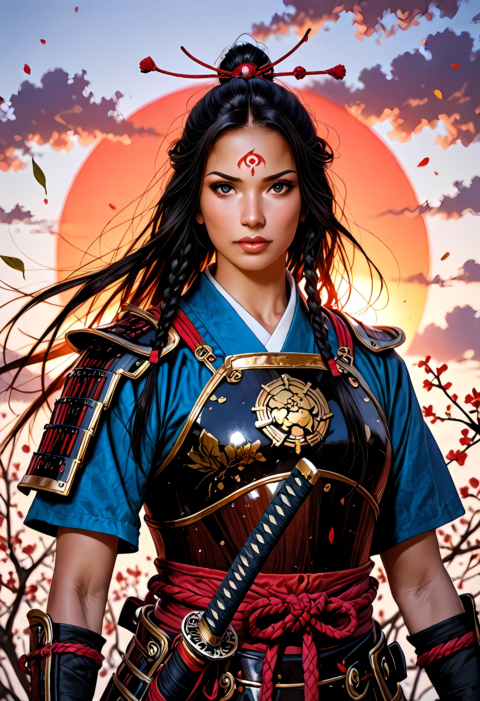 a woman samurai under the cherry tree at sunset, beautiful woman samurai, she holds an epic katana blade, the blade reflects the sun, ultra feminine, long hair, braided hair, dynamic hair color, an epic cherry tree, wearing armor, many branches, colorful, the sun rays come between the leaves and branches, light reflection, it is sunset, some clouds, award winning, photorealism, depth of field, hyper realistic, Cinematic Shot, fantasy