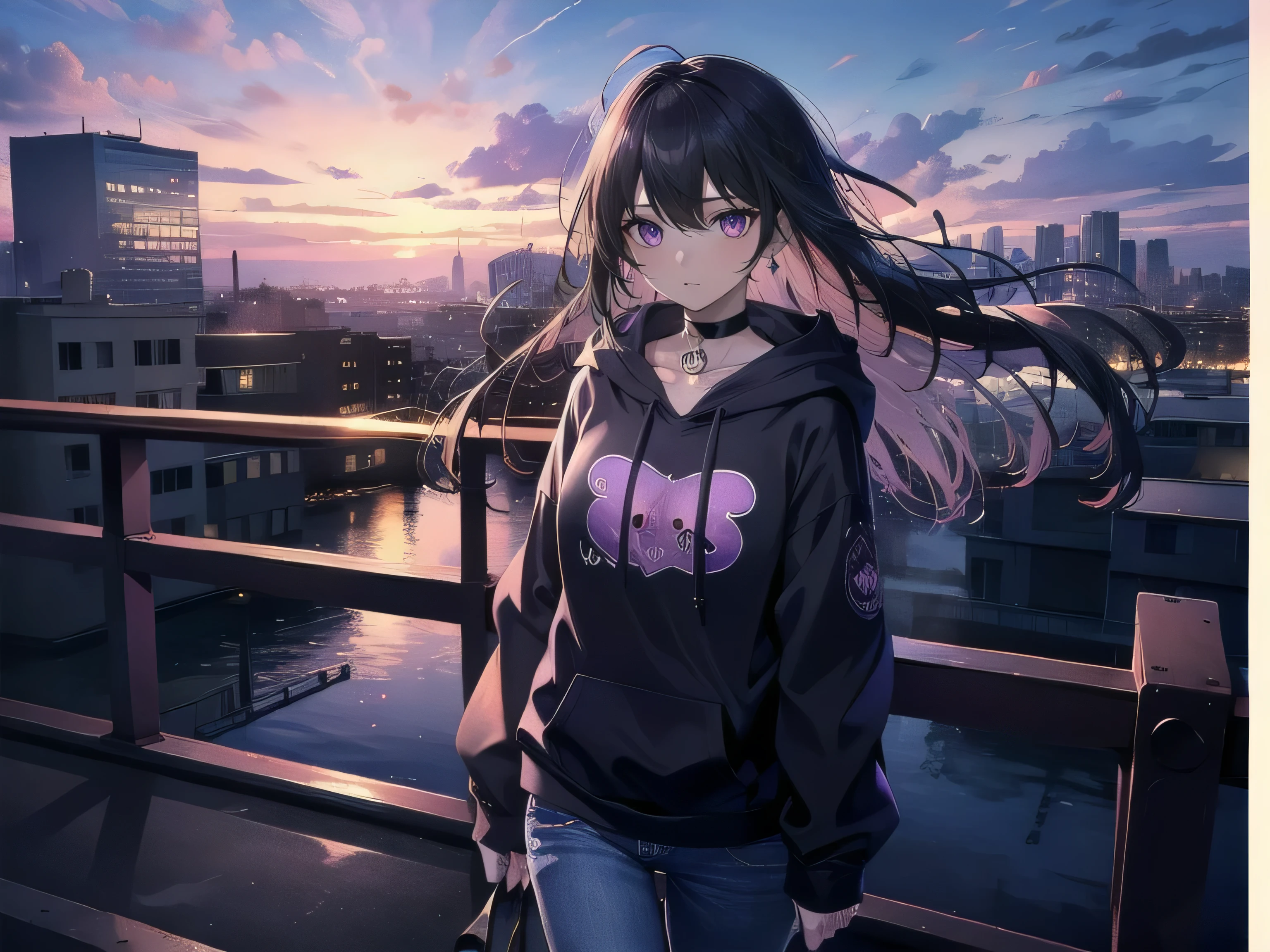 (masterpiece), (best quality), ultra detailed, finely detailed color, cenematic painting, bishoujo, model, ((one lady)), 20 years old, cute face, black hair, absurdly long hair, straight hair, (violet eyes:1.2), purple eyes, walking, chocker, ((black hoodie)), long jeans, inexpressive, slender body, small chest, urban, rooftop, city, sunset