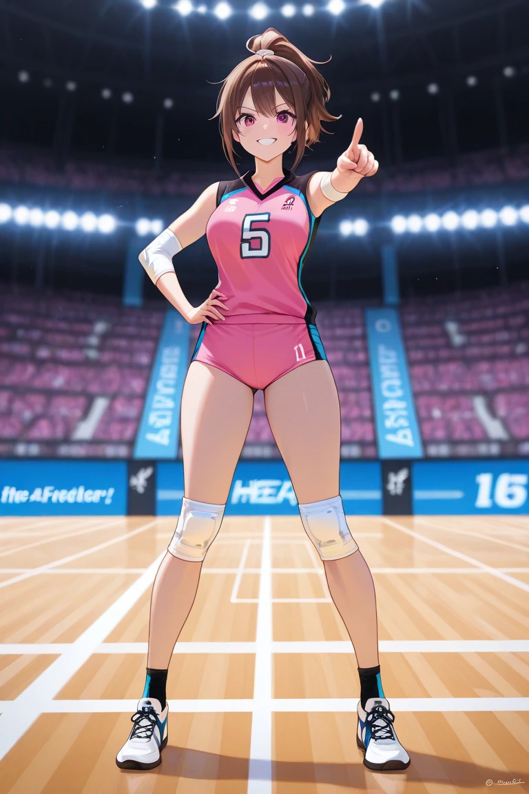 Gymnast、A leotard with glitter、Long sleeve、Pearl Color、gym、Large crowd、smile、4K resolution、Masterpiece、Photorealistic、athlete、Gymnastics competition、、Beauty、Plastic-like luster、Full body portrait、