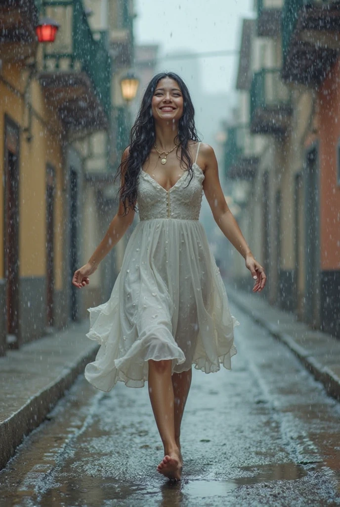 (YES, NSFW), (1girl), 2 girl running, girl single-handedly escapes floods and huge waves, (one girl: 1.3), girl in a short evening white transparent dress, wind skirt, the wind rises, her dress showing crotch area、((raised the dress by herself)))、(raised by herself)、panties off、no panties、red blush、parted lips、looking at the audience、the wind moves the dress, showing her perfect ass. (Front view: 1.3). Beautiful face. She runs through the streets of Marrakech. urban landscape. She runs away from floods and huge waves, Beautiful perfect face. Eyes closed, mouth slightly open, smooth skin, real pores, (windyupskirt), heavy rain, hide your hands、Don't show your hands. Fog, smoke, front view, best quality, fine details, {{masterpiece, best quality, extremely detailed CG, Unity 8k wallpaper, cinematic lighting, glare}}. ((extreme detail)), (ultra detail), best quality, ultra high definition, (8k, RAW photo, masterpiece, realistic, photorealistic:1.4), 8k uhd, dslr, absurd, ray tracing, high quality texture, intricate detail, detailed texture, fine detail. Highly detailed CG Unity 8K wallpaper、highest quality、masterpiece、realistic、Photo Real, dramatic lights, sunrise lighting, light scattering by particles in a colloid, such as in a very fine suspension (ash), Tyndall effect (Tyndall effect: 1.5)