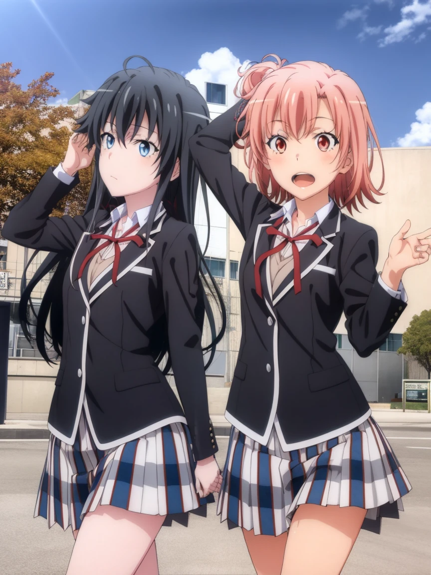 2 girls , Yukinoshita Yukino , Yuigahama Yui , waltz dance , school uniform,Wind,Skirt up,white panties,