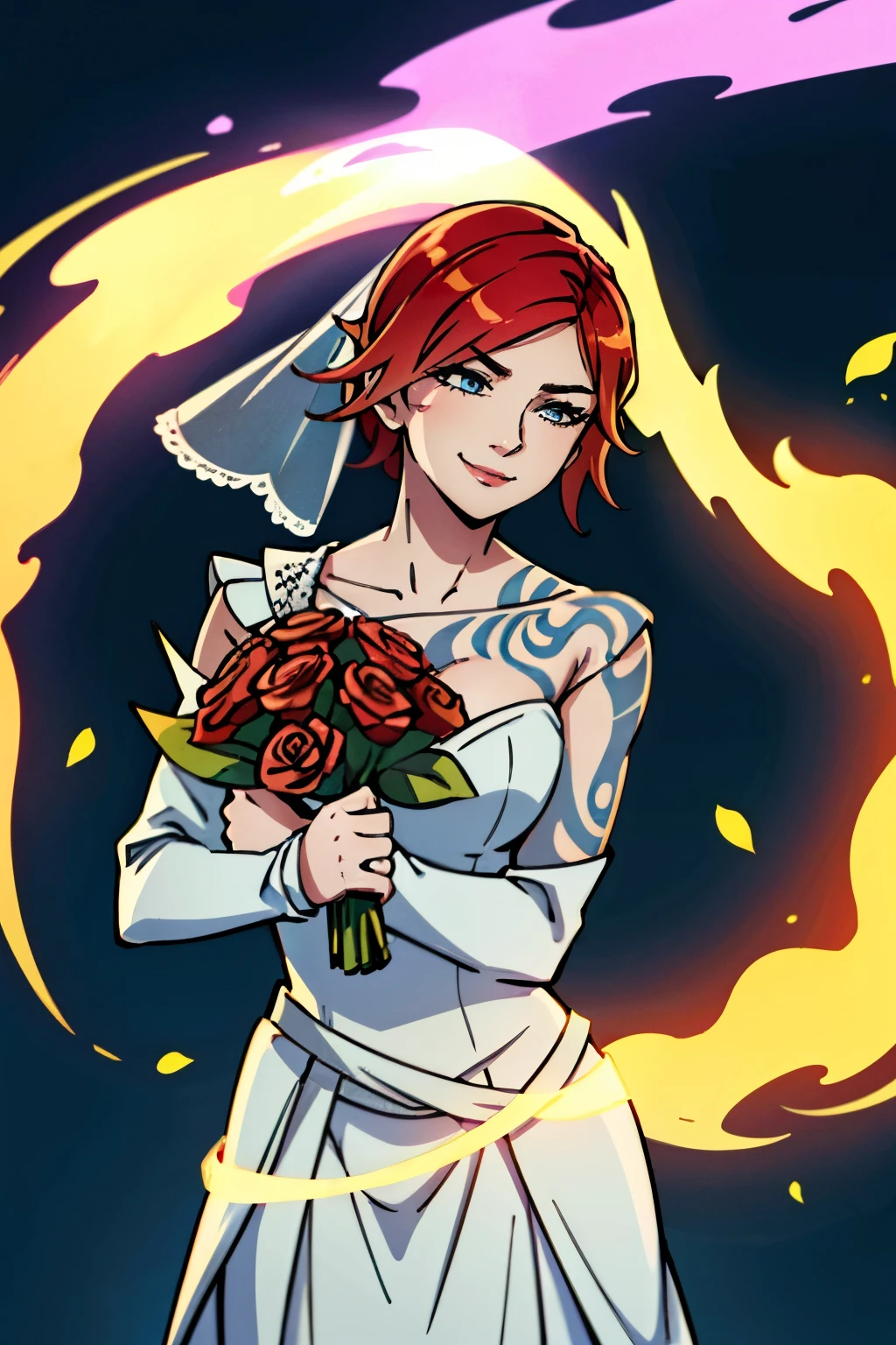 Lilith from Borderlands as a bride, wearing a backless, floor-length, long-sleeve ruffled tulle wedding dress in pure white. A delicate bridal veil covers her face, adding elegance and mystery. A hawk-shaped tattoo is visible on her back, just below her neck. Her right hand glows with fiery Siren powers, while her left hand holds a bouquet of vibrant flowers. She has a confident, winking smirk, her red hair styled in soft waves. The setting is softly lit, blending ethereal beauty with her bold personality