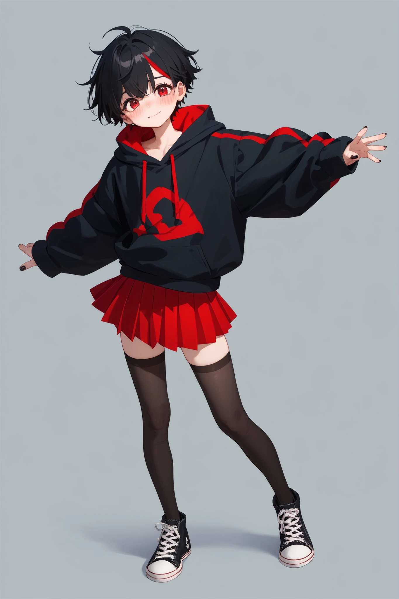 cute male, anime moe artstyle, flat anime style, single character, anime style character, flat anime style shading, playful smile, short black hair, red streaks in hair!!, wearing a black hoodie, red pleated skirt, black thighhigh stockings!, black converse shoes, standing, relaxed pose, looking at viewer!, fair skin complexion, simple background, light blushing, shy, black fingernail polish,