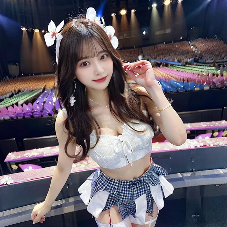 {{An 18-year-old girl in a miniskirt and white shirt is holding a microphone,}} , {{Smiling with teeth showing:1.2}} ,{{Colorful lace panties visible under skirt 1.2}} , Beldelfinn, on stage, , on stageでライブ, , whole body,{Pretty face}, {{Double eyelid eyeshadow}},(from below:1.3),(looking down, watching at Viewer:1.3)