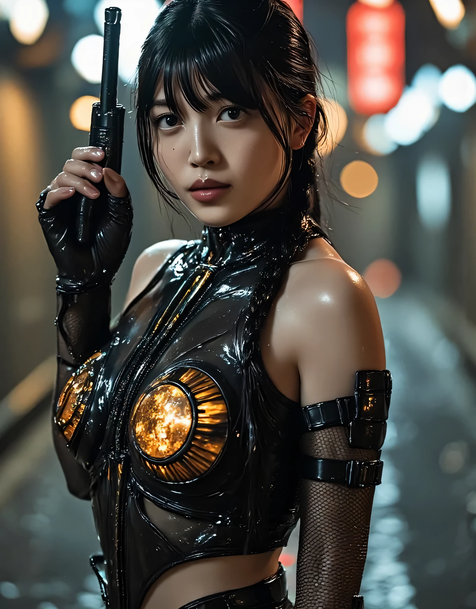 (((In the Midnight Rain:2.0))),(((HR Gigger style cyberpunk atmosphere:2.0))),(((2Ding Laser holds a submachine gun:2.0))),(Two muzzles directed at the viewer:1.7),(((full body:2.0))),one woman,Female Samurai ,(cute face:1.5),(Beautiful well-balanced face :2.0),((Long braids with bangs:2.0)),(black hair:1.5),(beautiful eyes:1.3),( s:1.3),glamorous shot of a 20-year-old Japanese woman, Slender Beautiful Body ,((model body type:2.0)),((slim body:1.7)),Perfect Body Line,ideal proportions,((small breasts:2.0)),((B cup breasts:1.5)),beautiful breasts,Sensual Thighs,delicate body,(succulent:1.7),harmonious posture,((Realistic breast depiction :1.7)),((can see lower breasts:2.0)),carefully depict limbs based on perfect anatomy,carefully depicts fingers based on perfect anatomy,(((black glowing translucent glass corset in the style of a samurai armor from the near future:2.0))),Filled with multicolored LEDs,(((transparent glass skin that fits the body:2.0))),(((translucent nipples that shine with yellow LEDs:2.0))),(((Coarse mesh fishnet stockings:2.0))),(Hide your nipples with a nipple:1.5),((Coat style kimono with iron decoration:2.0)),(full body:1.5),((Tactical Holster:1.5)),(gloves:1.3),concept art,(Best Quality:1.5),(masterpiece:1.5),(超高resolution),resolution,UHD,(Delicate Description), carefully drawn with butterfly wings ,32k,((Realistic Skin Texture:1.5)),(((ultra-realistic:1.5))),carefully draw eyelashes,Highly detailed faces,Highly detailed female hand, Sexy appearance ,very sensual,(Blurry Dim Backgrounds :1.5),Professional Photography,(Movie Lighting:2.0),((Blade Runner style light:2.0))