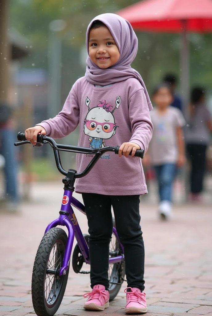 a realistic 1girl wearing a hijab, detailed beautiful face, Hijab Muslim. Wear pink white.small Safety Pink google spectacle top of the head rubber band. Age 15 year old. Jump on and have a super strong power. One hand lifting the 50kg dumbbell. Bokeh background. At the garden. Wear sneakers white boots, detailed lips, long eyelashes. Hero, modest expression, delicate facial features, natural skin tones, hijab covering head and neck, detailed folds and textures of hijab, natural lighting, high quality, photorealistic, 8k, best quality