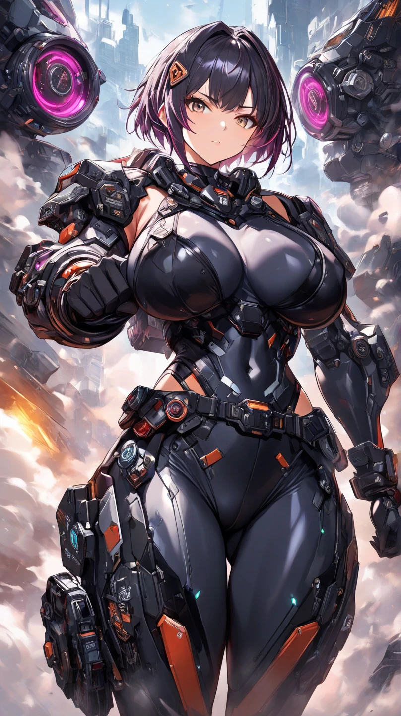 best quality,4k,8k, highres, masterpiece:1.2), extremely detailed eyes, extremely detailed body, (large masterpiece digital art), (detailed manga illustration), (detailed line art), ((perfect anatomy)), (intricate details:1.3), (ultra-detailed:1.3), (illustration:1.3), (sharp focus:1.3), (natural lighting:1.05), (vivid colors:1.3), (masterpiece), (best quality:1.4), (perfect anatomy:1.4), high quality, expressive eyes, full body, tall girl, detailed face, beautiful face, perfect face, breasts, cleavage, gloves, huge breasts, cyberpunk, (black armor), short hair, ((pale skin)), messy hair, detailed (dark blue hair), honeydew hair, multicolored hair, detailed eyes, (amber eyes), hourglass physique, mecha musume, fortified suit, mechanical parts, headgear, robot joints, bodysuit, deva battle suit, gloves, thick thighs, toned, emblem, superhero, dynamic lighting, 4k resolution, dynamic pose, weapon, energy weapon portrait, Jeff Bridges, ((cartoon style)), Marvel Cinematic Universe style, (((sci-fi city in the background))), soft bokeh of futuristic city, Atey Ghailan, Jeremy Mann, Greg Manchess, Antonio Moro, trend in ArtStation, trend in CGSociety, Intricate, High Detail, Sharp focus, dramatic and photorealistic painting art by Midjourney and Greg Rutkowski, bokeh in the background