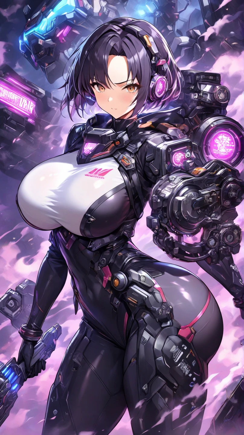 best quality,4k,8k, highres, masterpiece:1.2), extremely detailed eyes, extremely detailed body, (large masterpiece digital art), (detailed manga illustration), (detailed line art), ((perfect anatomy)), (intricate details:1.3), (ultra-detailed:1.3), (illustration:1.3), (sharp focus:1.3), (natural lighting:1.05), (vivid colors:1.3), (masterpiece), (best quality:1.4), (perfect anatomy:1.4), high quality, expressive eyes, full body, tall girl, detailed face, beautiful face, perfect face, breasts, gloves, large breasts, cyberpunk, (black armor), short hair, ((pale skin)), messy hair, detailed ((dark blue hair)), (honeydew hair), multicolored hair, two-toned hair, detailed eyes, (amber eyes), hourglass physique, mecha musume, fortified suit, mechanical parts, headgear, robot joints, bodysuit, deva battle suit, gloves, thick thighs, toned, emblem, superhero, dynamic lighting, 4k resolution, dynamic pose, weapon, energy weapon portrait, Jeff Bridges, ((cartoon style)), Marvel Cinematic Universe style, (((sci-fi city in the background))), soft bokeh of futuristic city, Atey Ghailan, Jeremy Mann, Greg Manchess, Antonio Moro, trend in ArtStation, trend in CGSociety, Intricate, High Detail, Sharp focus, dramatic and photorealistic painting art by Midjourney and Greg Rutkowski, bokeh in the background