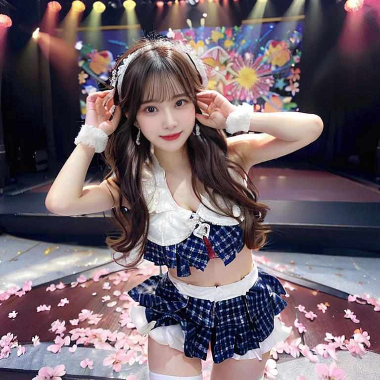 (masterpiece)、Detailed、(cute)、((Idol))、(赤色と黄色のIdol衣装)、、smile、Side ponytail hair、belly button、shoulder、Checkered ruffled lender、(dance)、Knee-high socks、Big ribbon、White underwear、Colorful hair colors、((Flat chest))、In the spotlight