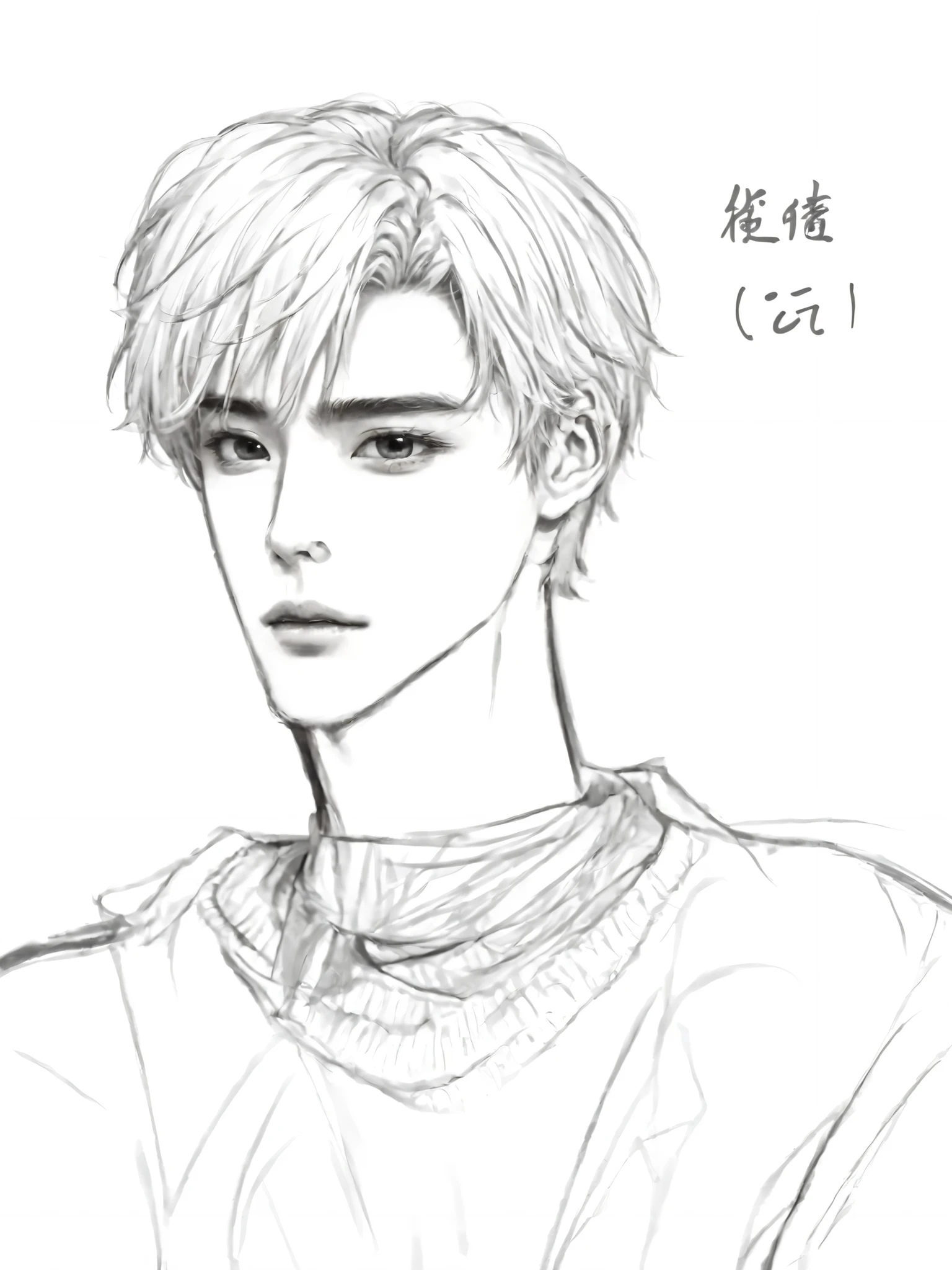 a drawing of a man with a short hair and a sweater, inspired by Bian Shoumin, line sketch, line sketch!!, inspired by Xiao Yuncong, male anime style, inspired by Zhang Han, semirealistic anime style, anime handsome man, jojo anime style, inspired by Ma Yuanyu, realistic anime face, detailed anime soft face, seinen manga portrait, color