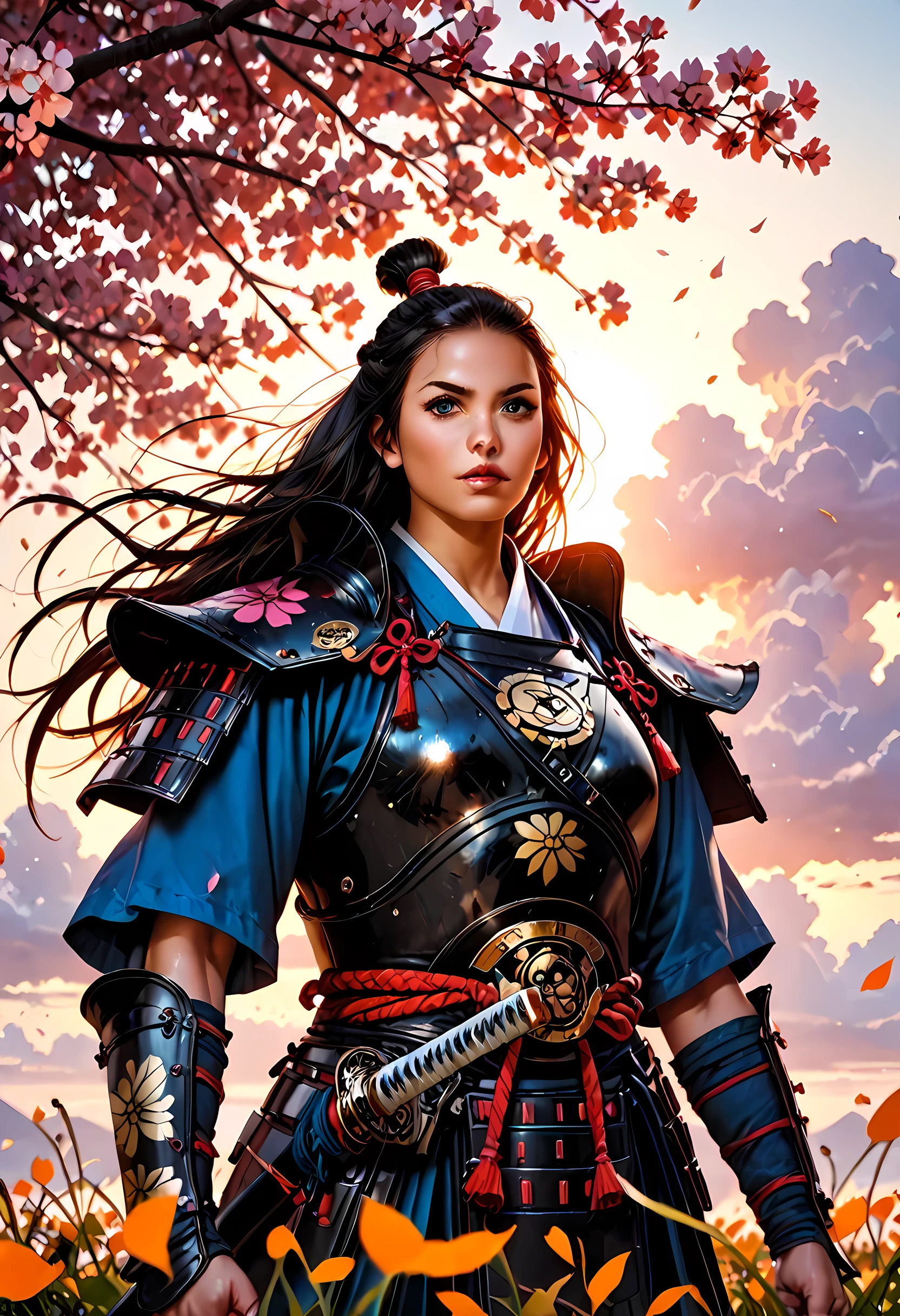 a woman samurai under the cherry tree at sunset, beautiful woman samurai, she holds an epic katana blade, the blade reflects the sun, ultra feminine, long hair, braided hair, dynamic hair color, an epic cherry tree, wearing armor, many branches, colorful, the sun rays come between the leaves and branches, light reflection, it is sunset, some clouds, award winning, photorealism, depth of field, hyper realistic, Cinematic Shot, fantasy, LOAsuccXL
