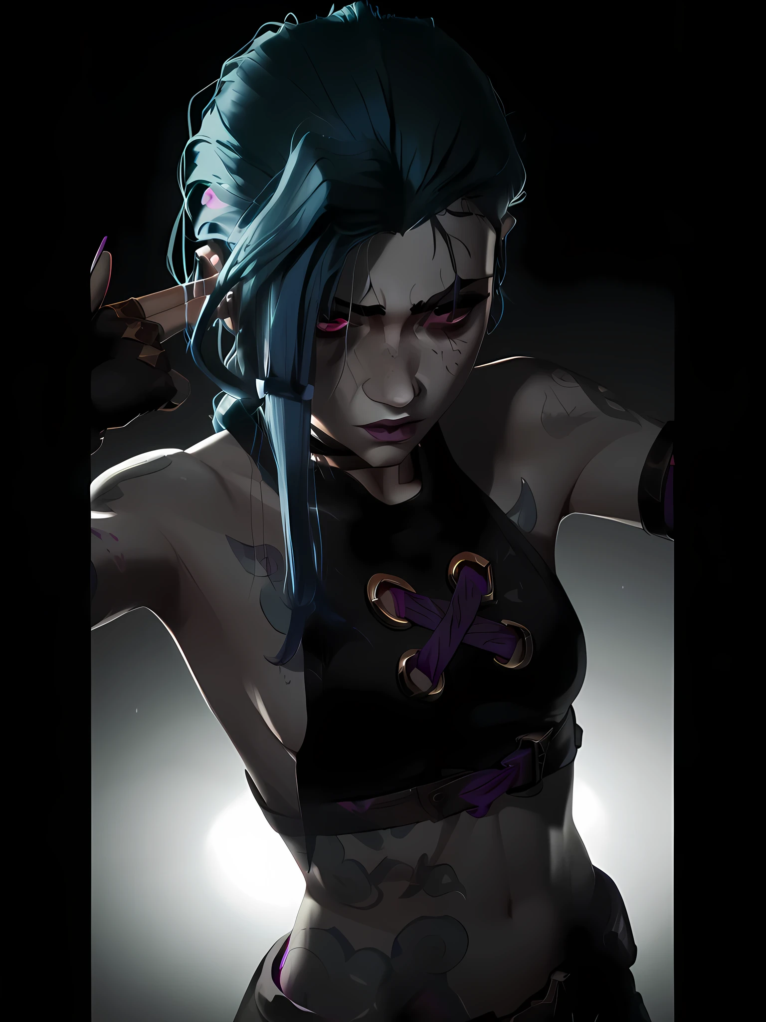 Jinx of Arcane, Jinx's eyes Purple, jinx tattoos, Finger gun pose, Dark face, realistic portrait, game character, dark gray, dramatic light, dark atmosphere, penetrating look, intricate details, realistic skin texture, 4k, profile, high quality digital painting, vivid colors, studio lighting