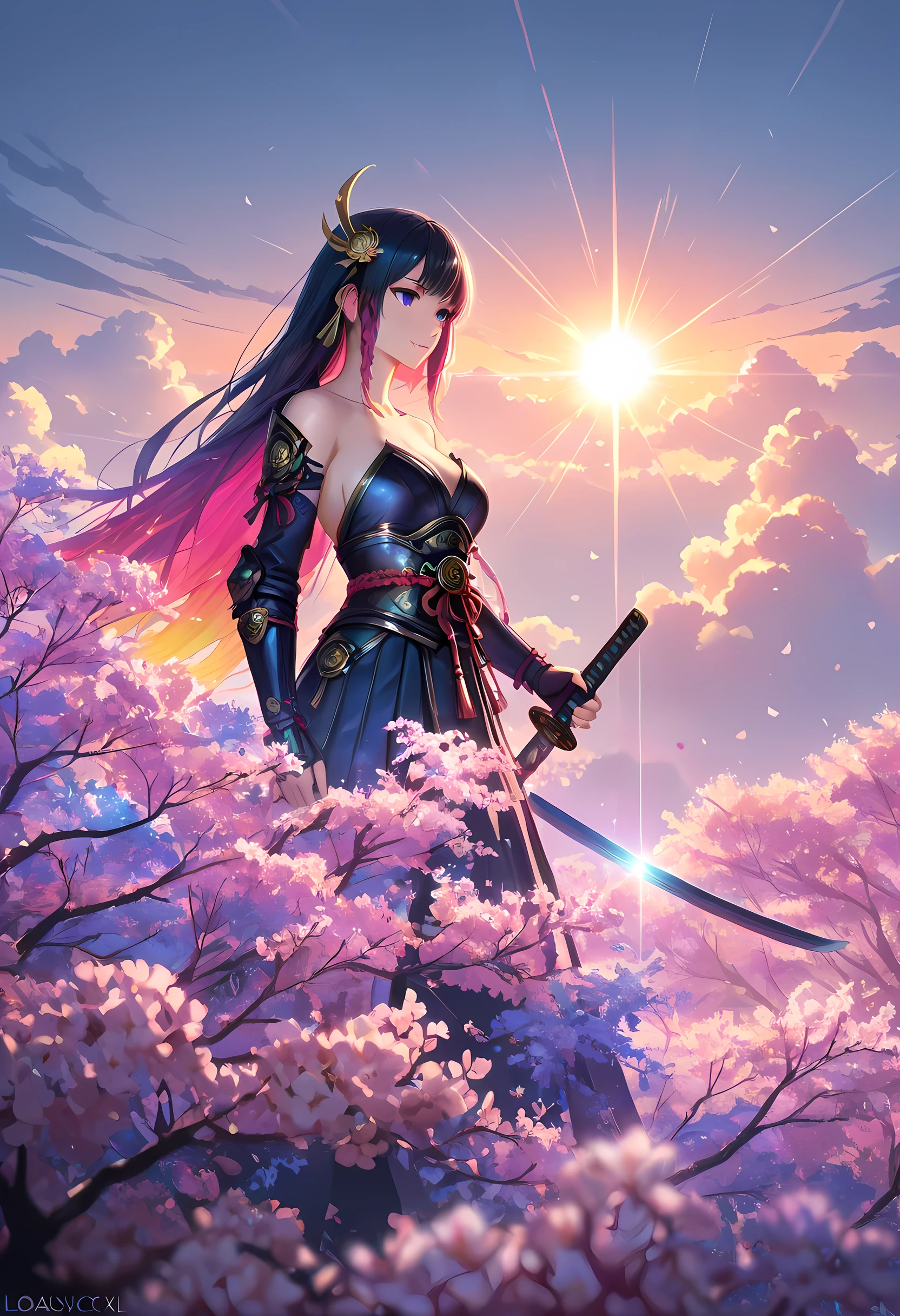 a woman samurai under the cherry tree at sunset, beautiful woman samurai, she holds an epic katana blade, the blade reflects light, ultra feminine, long hair, braided hair, dynamic hair color, an epic cherry tree, many branches, colorful, the sun rays come between the leaves and branches, light reflection, it is sunset, some clouds, award winning, photorealism, depth of field, hyper realistic, Cinematic Shot, fantasy, LOAsuccXL, strapless, anime
