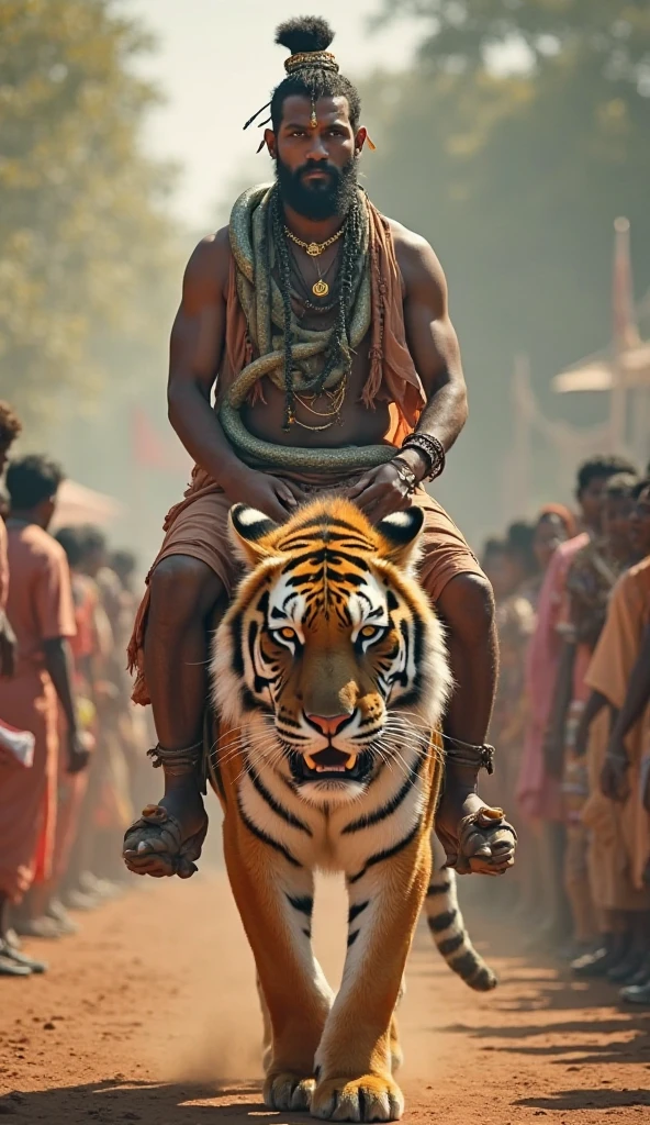 A man ride lion in jungle with costume