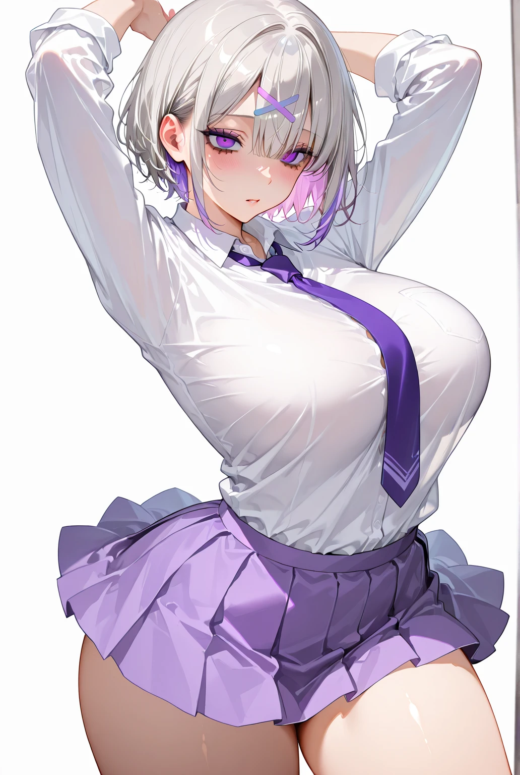 show off nipples,topless,simple background,masterpiece, best quality, highres, aaakane, short hair, red eyes, huge breasts, purple bowtie, collared shirt, white shirt, off shoulder, purple jacket, partially unzipped, long sleeves, sleeves past wrists, pleated skirt, black skirt, pantyhose, cowboy shot, standing,