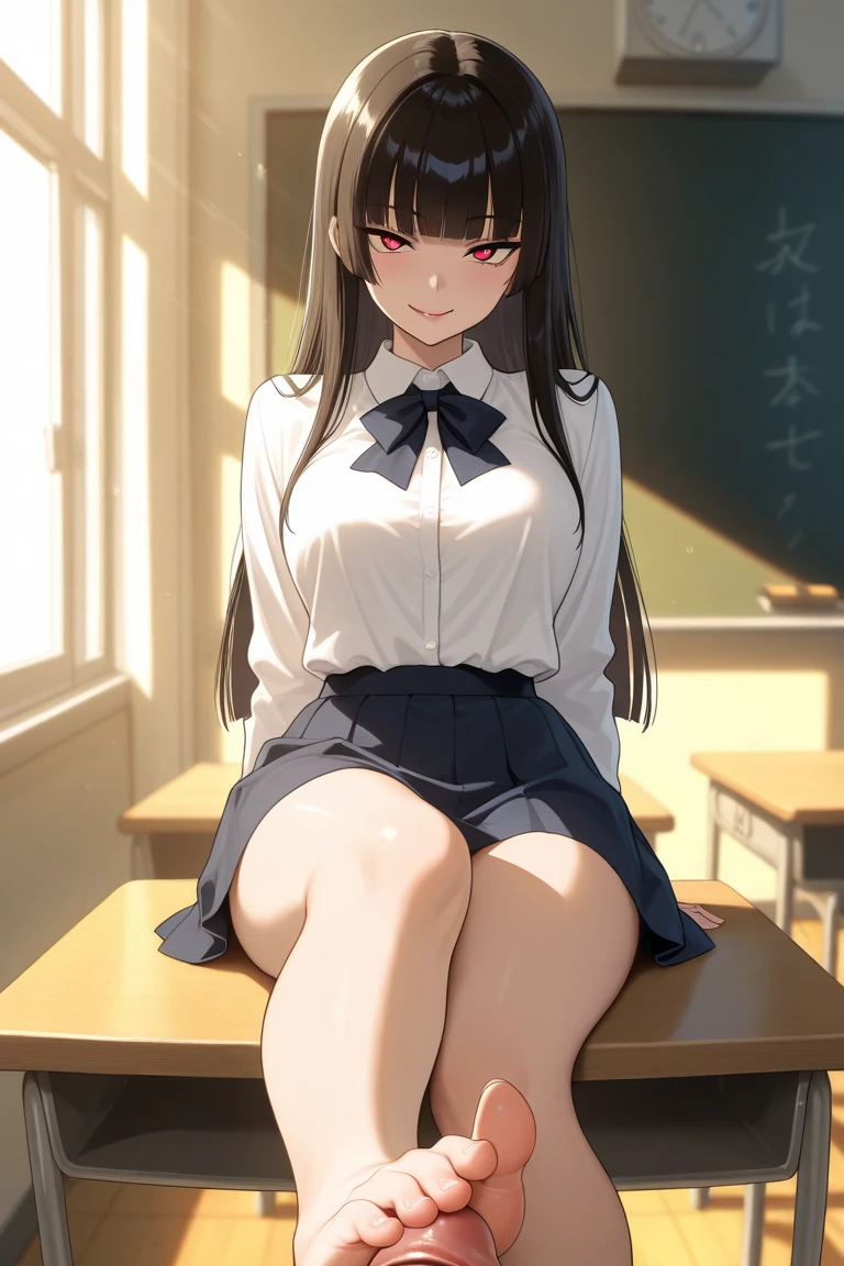 Anime girl sitting on classroom desk with blackboard, beautiful anime high school girl, Cute anime girl, Anime visuals of cute girls, Seductive Anime Girl, anime moe art style, beautiful anime girl squatting, Anime Best Girl, Smooth Anime CG Art, charming anime girls, a hyperrealistic schoolgirl, pretty anime girl, young anime girl