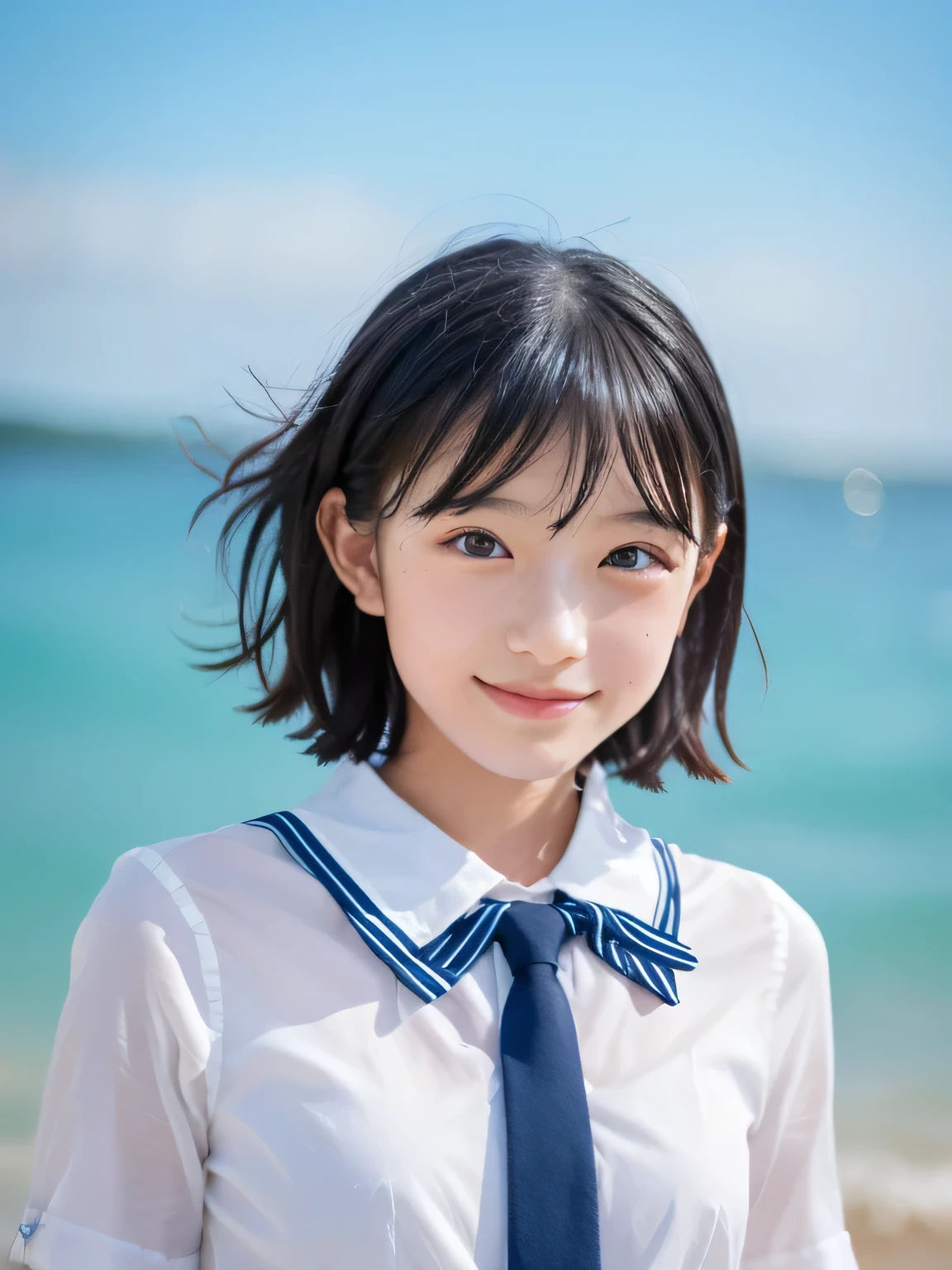 (one girl on her back, alone, Japanese girl), ,Best Quality, table top, 8k, high resolution, very detailed, ( portraits), think, black hair with a young pattern, short hair, hair clip, Shiny Skin, flat chest, smile, (middle school students:1.5, uniform, white collar shirt, bow tie,), summer, blue sky, thunder head, ocean,8 Months Pregnant、NSFW:1.5
