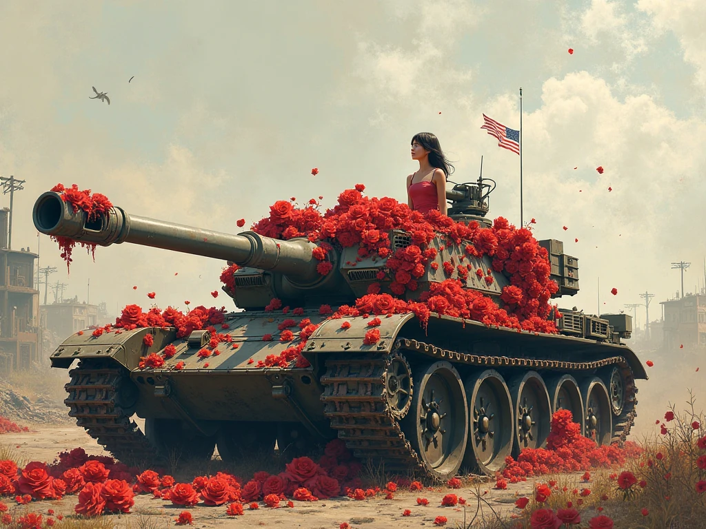 Broken tanks covered with flowers, flowers destroy tanks and the tank explodes with flower petals, the tank flies apart. The broken rocket is covered with rose petals. Flowers destroy rockets and rockets explode with rosebuds. Flowers fill the ruined cities. The flowers are like a tsunami. The symbol is Pacific. A flower tsunami.