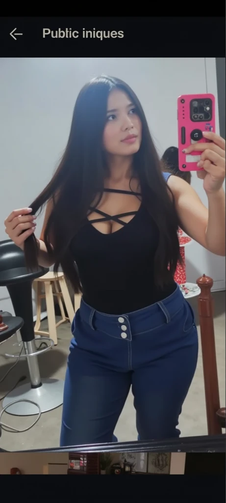 araffes in a bathroom taking a selfie with a friend, croptop, wearing a sexy cropped top, wearing a cute top, wearing crop top, gorgeous lady, by Amelia Peláez, crop top, 2 4 year old female model, outfit photo, beautiful aesthetic, fancy top, close up half body shot, low quality photo, wearing a crop top, Big tits, huge tits, no clothes, sexy, cute, wide hips, thick thighs, pear-shaped body, minimal clothes, thick, bbw, chubby stomach, thick nipples, nipple piercings, large areola, hard nipples, piercing through shirt, nipples hard through shirt, busty, major cleavage, naked, ripping through top, boobs spilling over sides, bra too tight, giant tits