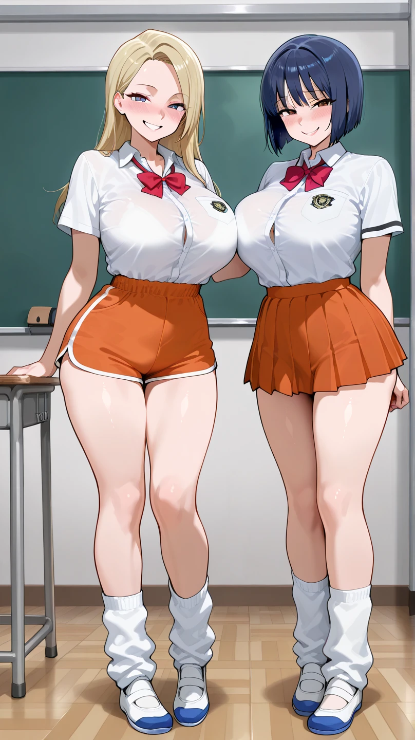 score_9,score_8_up,score_7_up, source_anime, cel shading, young girls duo, ((full body)), ((futanari Japanese highschool girls)), ((Japanese highschool girls uniform)), black skirt, long black hair with blunt bang, blonde hair, expressive, dynamic, thick full lips, sexy, blush, tears, open mouth, huge breasts, sagging breasts, wide hips, thick thighs, detailed background, classroom, (((NSFW))), ((fetish)), gigantic penis sudden growth spurt, futa quiver, (((looking down at her own futa horrified in disbelief))), bulge pop out, (standing close to each other)