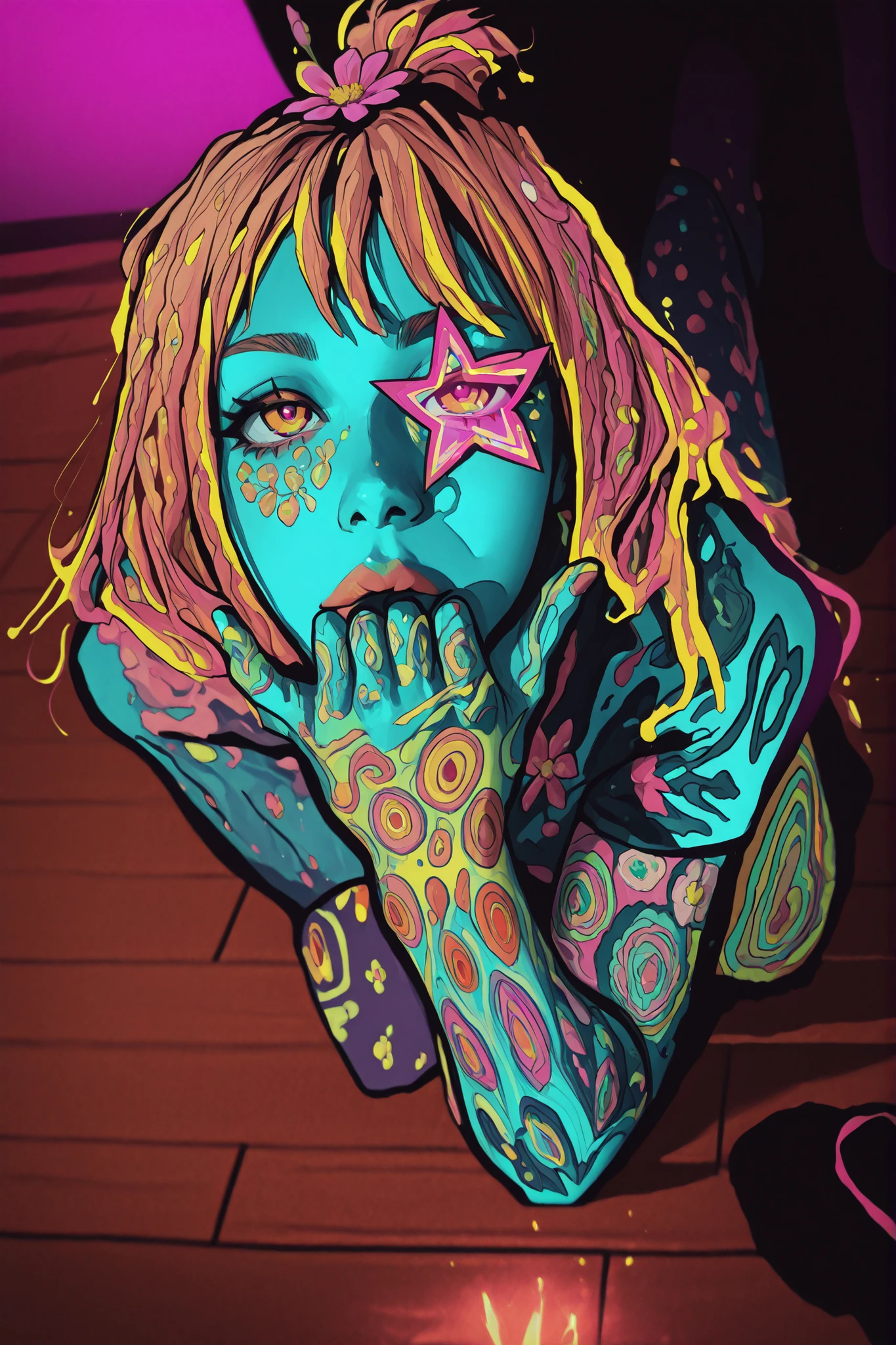 Colorful body art with vibrant, abstract patterns in shades of blue, pink, yellow, and orange on a wooden floor. The person has bright pink and yellow hair with a flower accessory, sitting with knees up, creating an artistic and lively atmosphere. The lighting is focused, highlighting the vivid colors against a dark background.