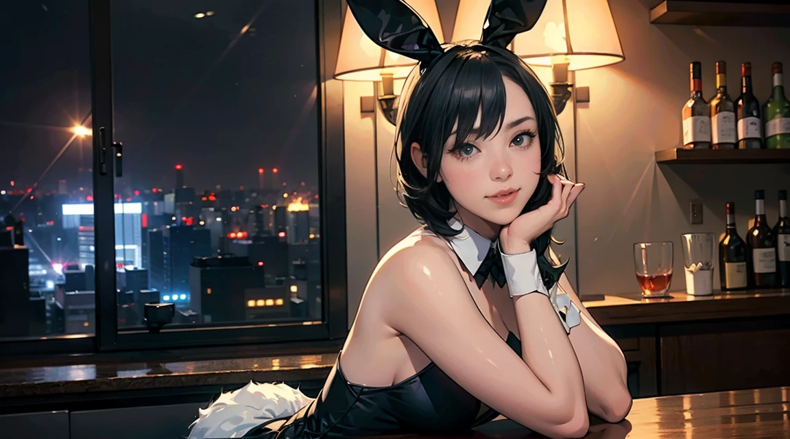 (playboy bunny),((1girl,cute,japanese,young,short beautiful black hair,bob cut,blunt bangs,beautiful blue eyes)),(solo),((masterpiece, highest resolution,best quality)), (beautiful illustration),(playboy bunny),
(looking at the viewer), innocent smile,cinematic lighting,beautiful modern cafe,big city,table,chair,window,flowers,buildings,blue sky