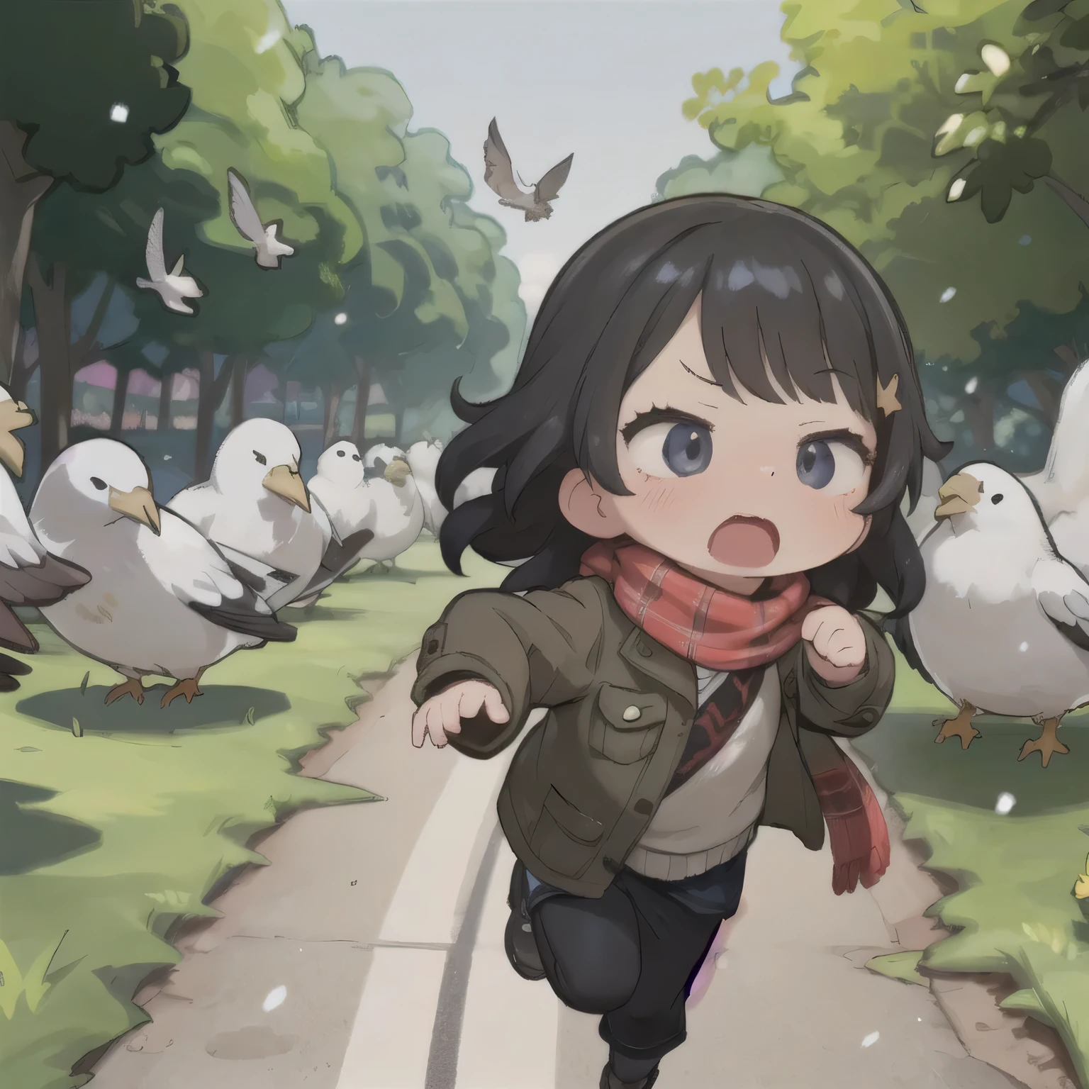 Girl chasing hordes of pigeons,Girl running to catch pigeons in the park,black hair,long hair,full bang bangs,There is only one girl with half-open eyes,khaki thick mod coat,with a plaid scarf wrapped around my neck,Red and gray skirt,expressions of anger,Scream