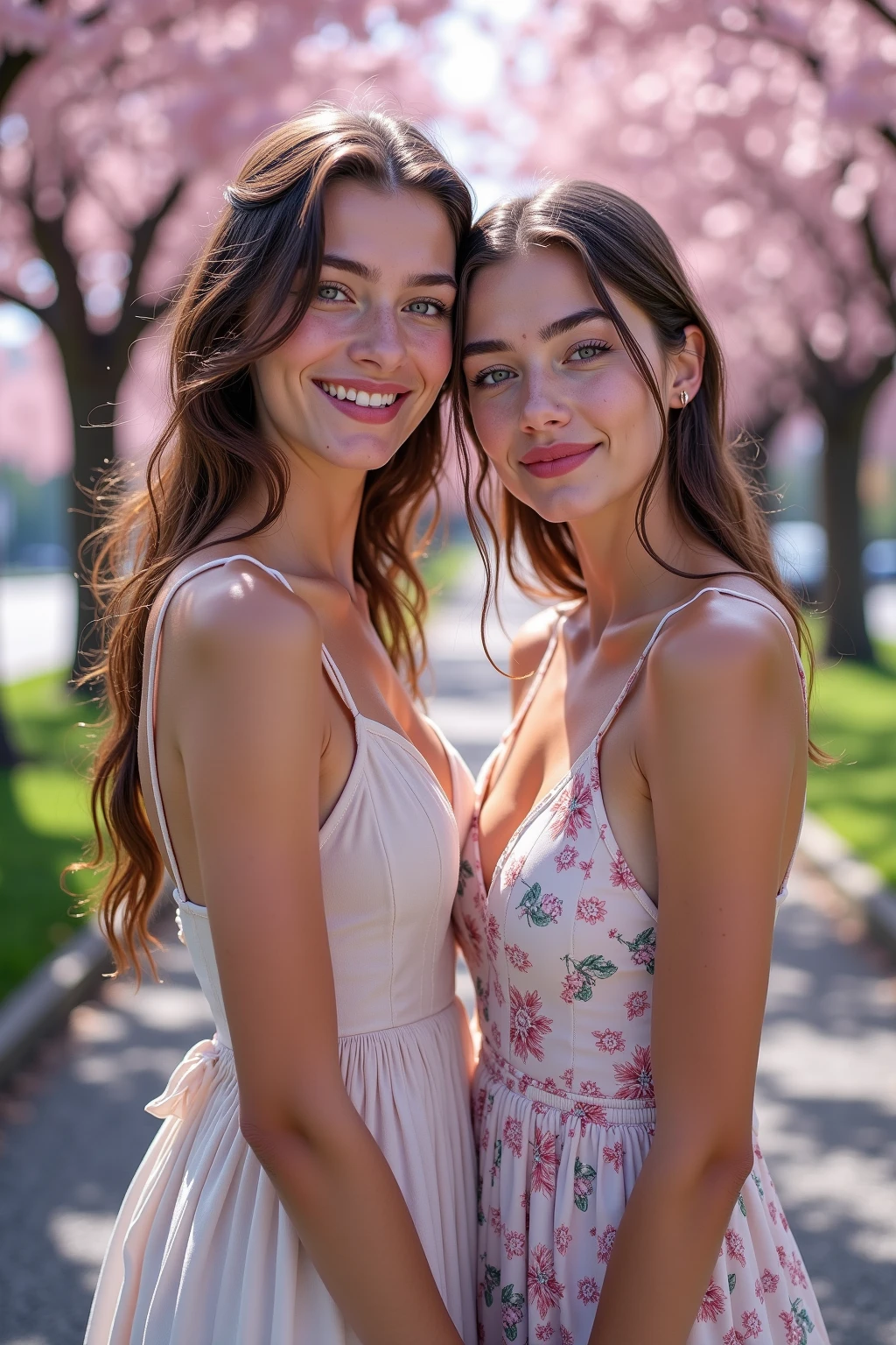 Prompt
Two beautiful ladies wearing modern Thai red dresses posing playfully in a blooming flower field, capturing moments of joy and friendship amidst the stunning natural backdrop. The sunny fields are filled with colors. Rows of lavender, white alyssum, pink flowers and golden wheat create a carpet of shades that fly along the distant tree line. The bright blue sky with fluffy white clouds completes the beautiful atmosphere.