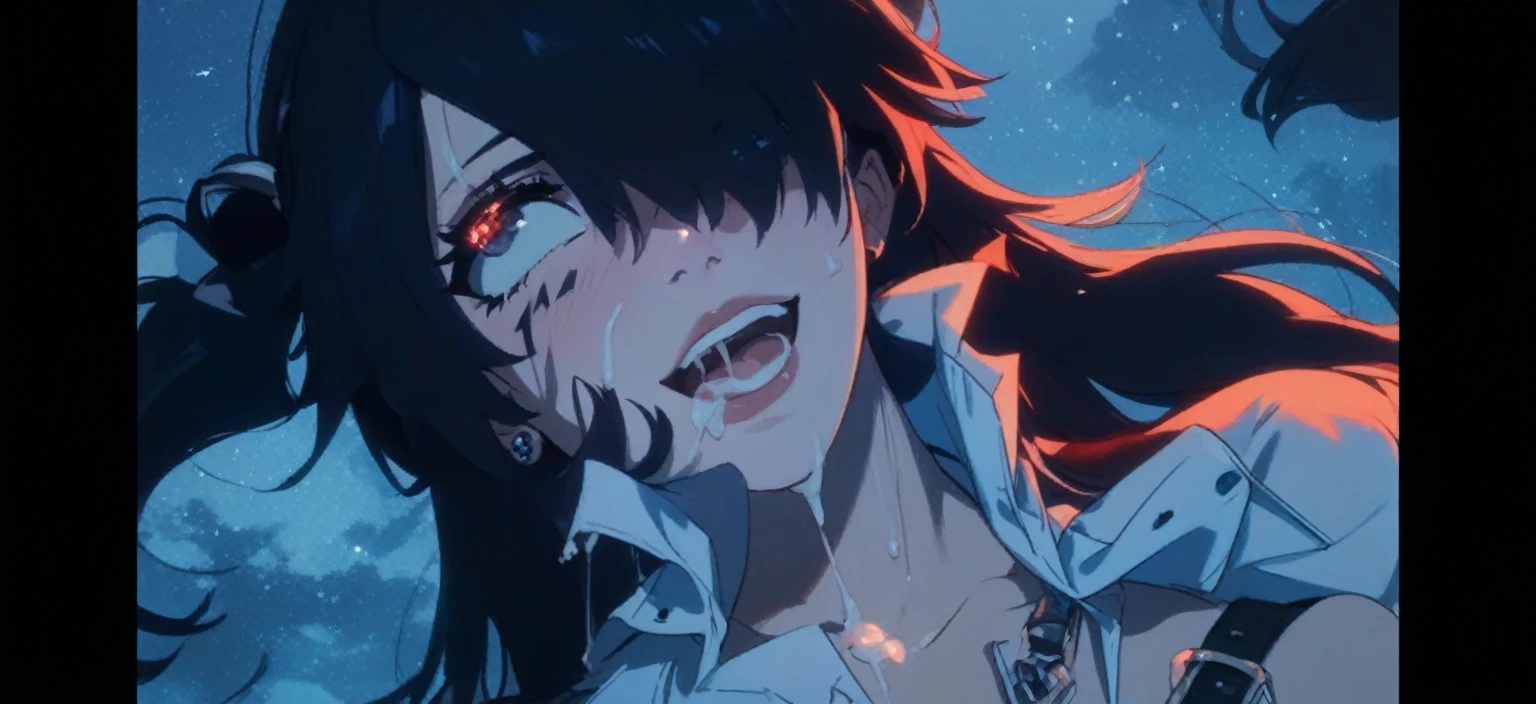 Solo, Delicate Face, Long Eyelashes, (Bob Hair), (Red Eye: 1.3), (Red Hair), Medium Cleavage, Tartan Check, Music Room, Top Angle, Uniform, Light Blue Underwear, Sweat, Thin, Open Mouth Wide, Tongue Out, White yogurt on Breast and Tongue, White Liquid All Over Chest and Tongue, Frontal Shot, Woman with Upper Eye