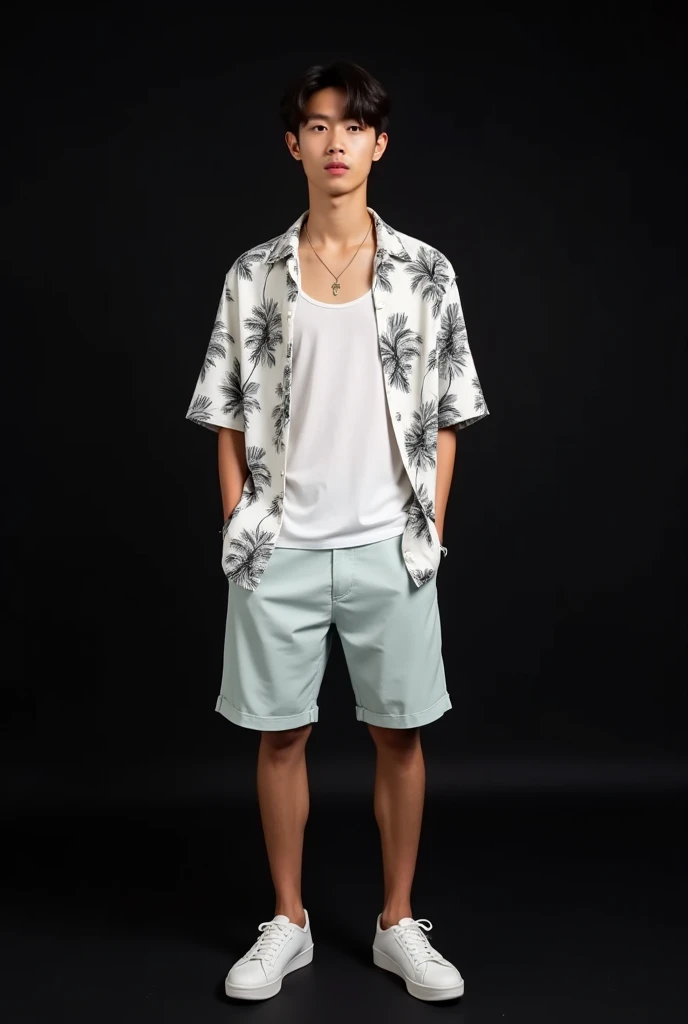 a close up of a person wearing a shirt and shorts, with summer shirt, shirt, inspired by inspired by Lucas inspired by highly detailed full body, teen, image, full body shot hyperdetailed, inspired by Dean Roger, handsome stunning realistic
