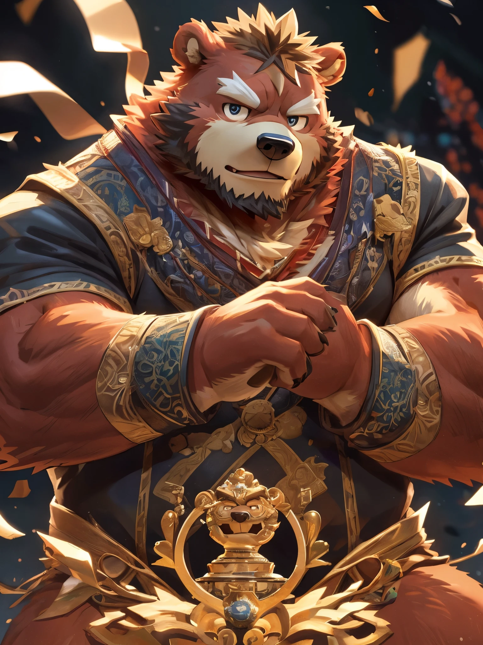 《Vientiane Story》Luo，Bare chest，robust，Show your shoulders，Older man，dyspepsia，Elderly，wrinkle，White fur，White beard，Very long beard，Disheveled，Stroking the mane，Werewolf anime character, Onmyoji detailed art, Onmyoji portrait, Onmyoji, Big Wolf, Detailed digital anime art, G Liulian art style, Detailed anime character art