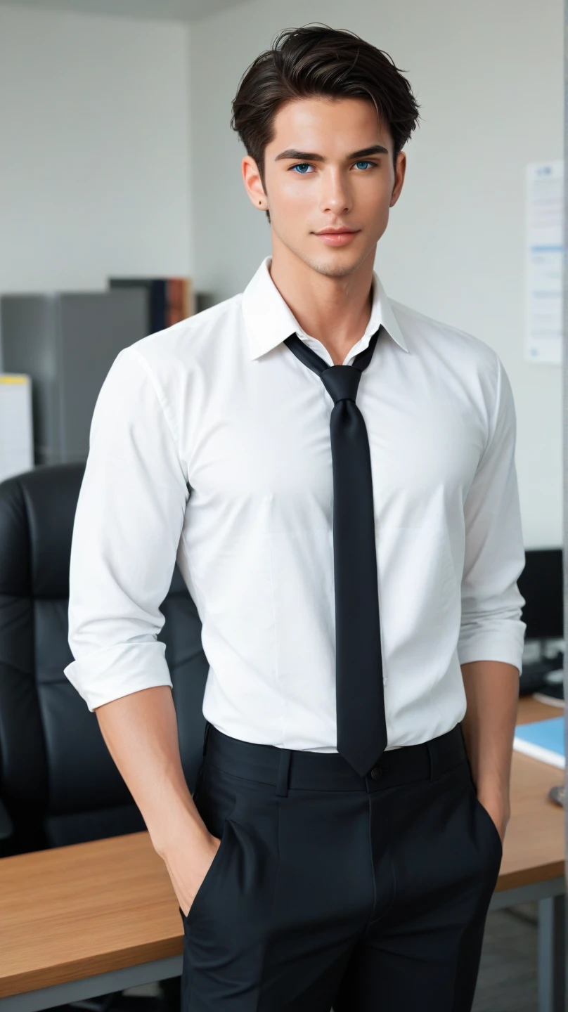 Make a phone wallpaper where a young Indian male sitting on a office chair wearing black suit