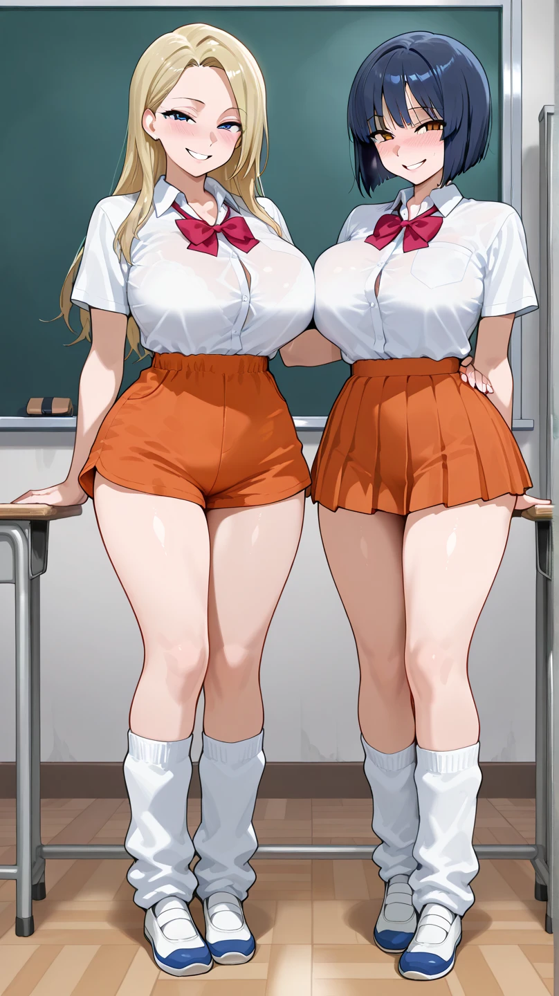 score_9,score_8_up,score_7_up, source_anime, cel shading, young girls duo, ((full body)), ((futanari Japanese highschool girls)), ((Japanese highschool girls uniform)), black skirt, long black hair with blunt bang, blonde hair, expressive, dynamic, thick full lips, sexy, blush, tears, open mouth, huge breasts, sagging breasts, wide hips, thick thighs, detailed background, classroom, (((NSFW))), ((fetish)), gigantic penis sudden growth spurt, futa quiver, (((looking down at her own futa horrified in disbelief))), bulge pop out, (standing close to each other)