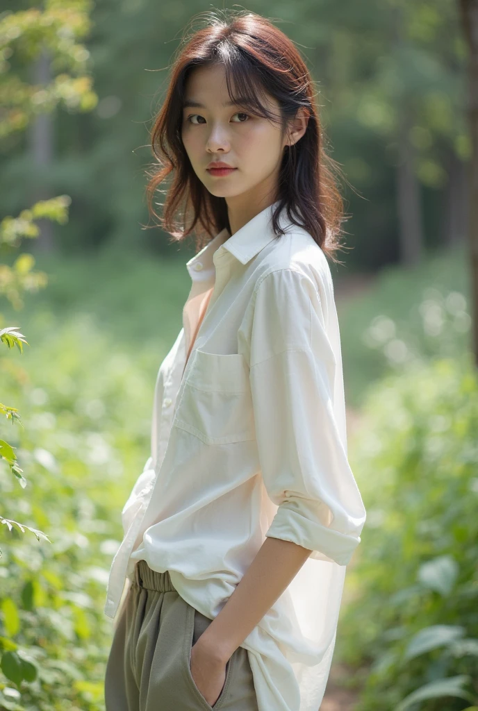 An adult white woman with brown tied hair and blue eyes wearing a white button-down shirt in the woods
