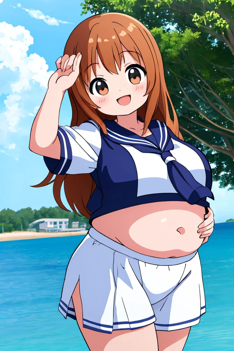 Masterpiece, best quality, hentai style ,solo, Hanayo Koizumi, purple eyes,blush, skirt, sleeveless, pleated skirt, serafuku, grey skirt, tight white top, uranohoshi ,beach, thighs, (skindentation:1.3) , shy ,shy pose, sexually_suggestive,midriff , wide hips, panties around legs, moist skin,Sagging body, melting from heat, plump 