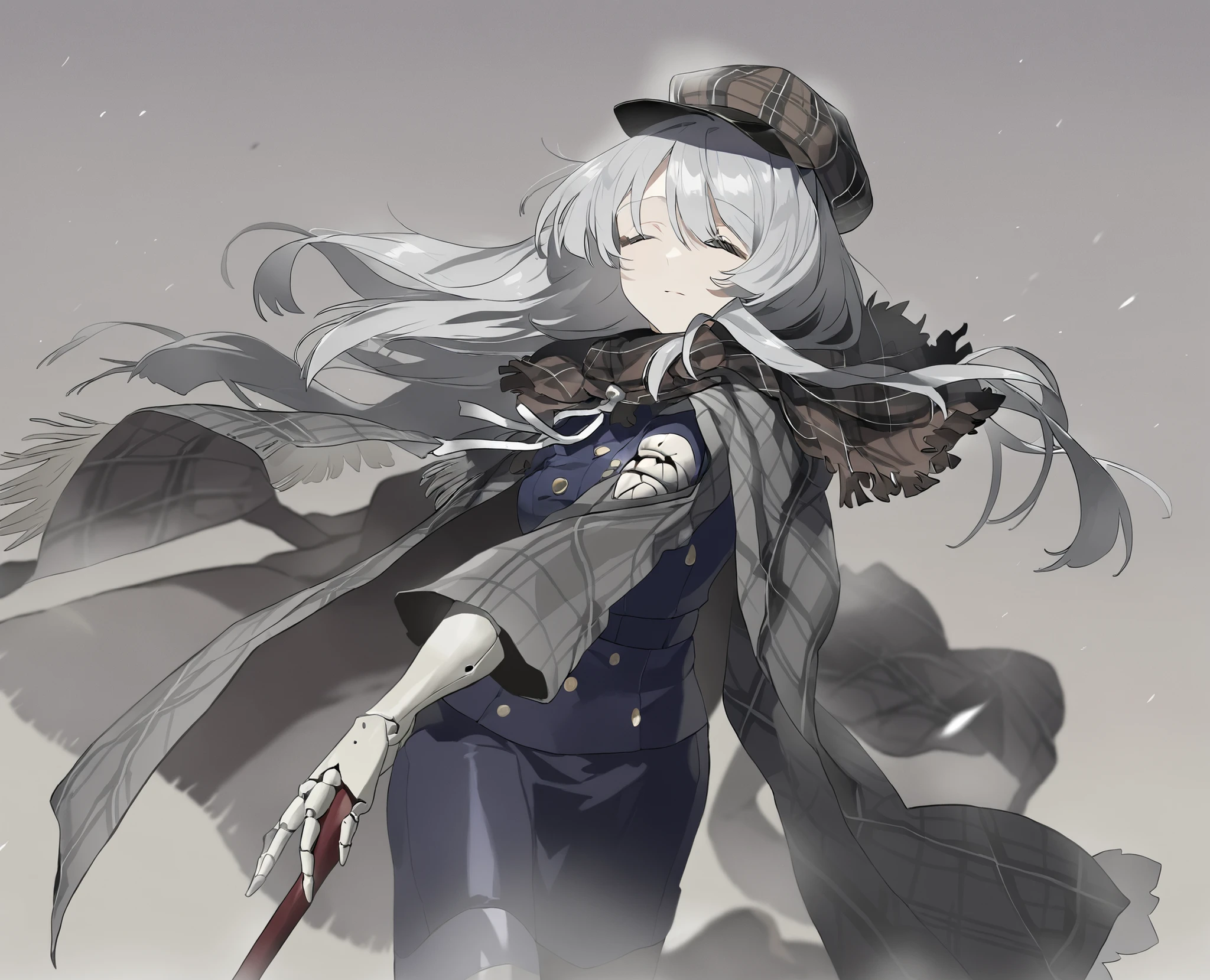 1 ,gray shawl hair, long grey hair ,Doll Joints ,欧式古典wind格,Walking stick ,plaid cap,plaid cape,wind,Gray days,欧式古典wind格街头,close its eyes