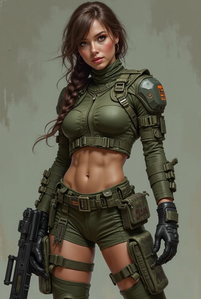 ((fallout 4)) drawing image of a woman standing on a hill with a rifle, standing, in an armored vault suit suit, female character concept art, Fallout Wasteland art, detailed, Fallout story, female character art, with a light leather armor, post-apocalyptic scavenger, ((white background)), post-apocalyptic explorer, female punk diesel, Hyper-detailed full-body shot, post-apocalyptic costume, dieselpunk