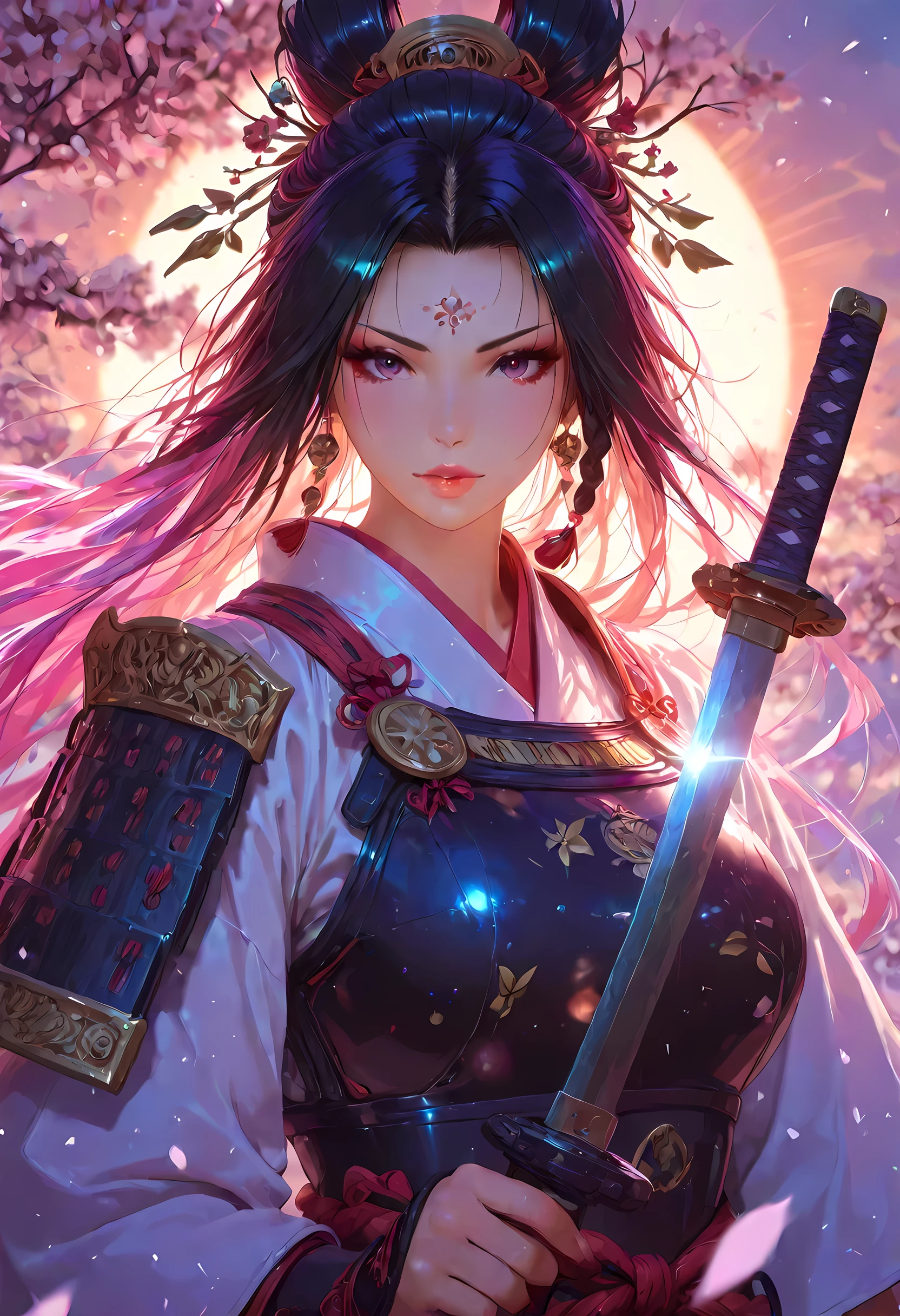 a woman samurai under the cherry tree at sunset, beautiful woman samurai, she holds an epic katana blade, the blade reflects the sun, ultra feminine, long hair, braided hair, dynamic hair color, an epic cherry tree, wearing armor, many branches, colorful, the sun rays come between the leaves and branches, light reflection, it is sunset, some clouds,  award winning, photorealism, depth of field, hyper realistic, Cinematic Shot, fantasy, Colorful
