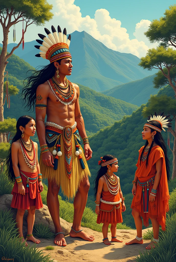 An indigenous version of the Tsarist family painting in the style of a traditional family portrait. The setting is a tent decorated with tribal patterns, surrounded by dense forest. Each member of the family wears traditional indigenous costumes with rich details such as feathers., accounts, and colored fabrics. the patriarch, a male figure with a firm and wise gaze, wears an elaborate headdress and is seated on a carved ceremonial chair. The matriarch, a woman of noble and serene appearance, is standing next to him, holding a baby wrapped in an animal skin blanket. Children around them are in various poses, some holding bows and arrows, others playing with small animals. The expression on their faces is one of serenity and pride., with an atmosphere that conveys a deep connection with nature and ancestral traditions.