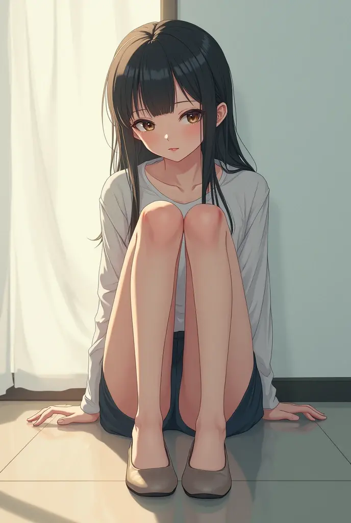 Anime girl sitting facing forward showing her legs and flat shoes