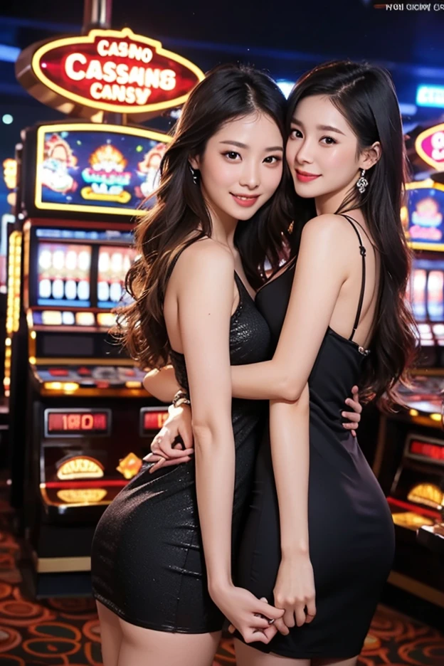 Two women in a casino wearing long dresses and drinking